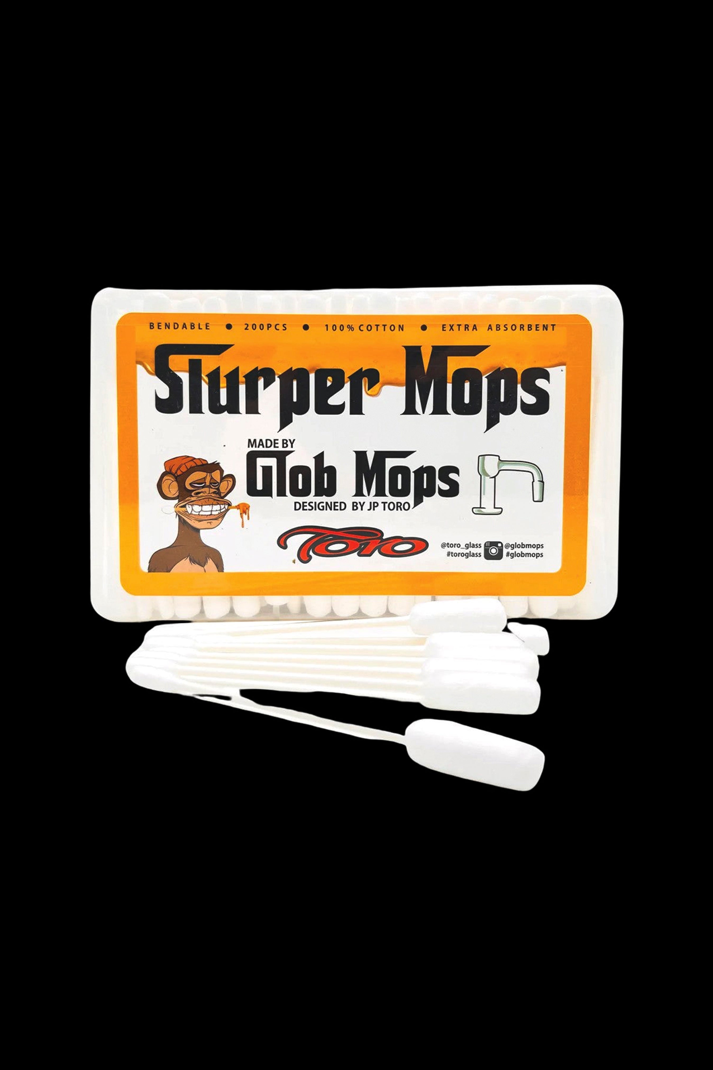 Package of “Slurper Mops” cotton swabs designed for cleaning cannabis oil rigs, with colorful branding and a cartoon character.