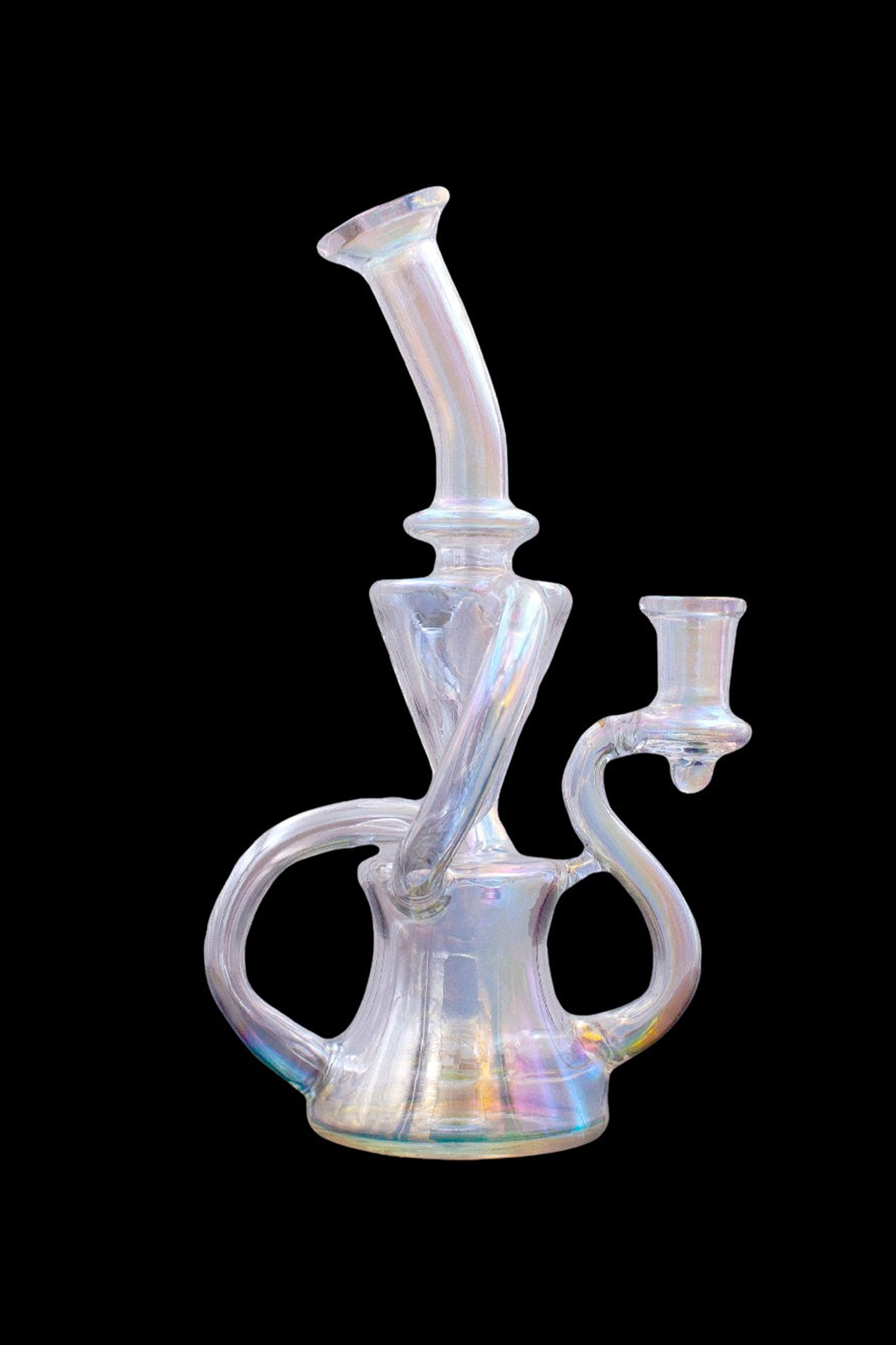Iridescent glass water pipe (bong) with looped handle and mouthpiece against a black background.