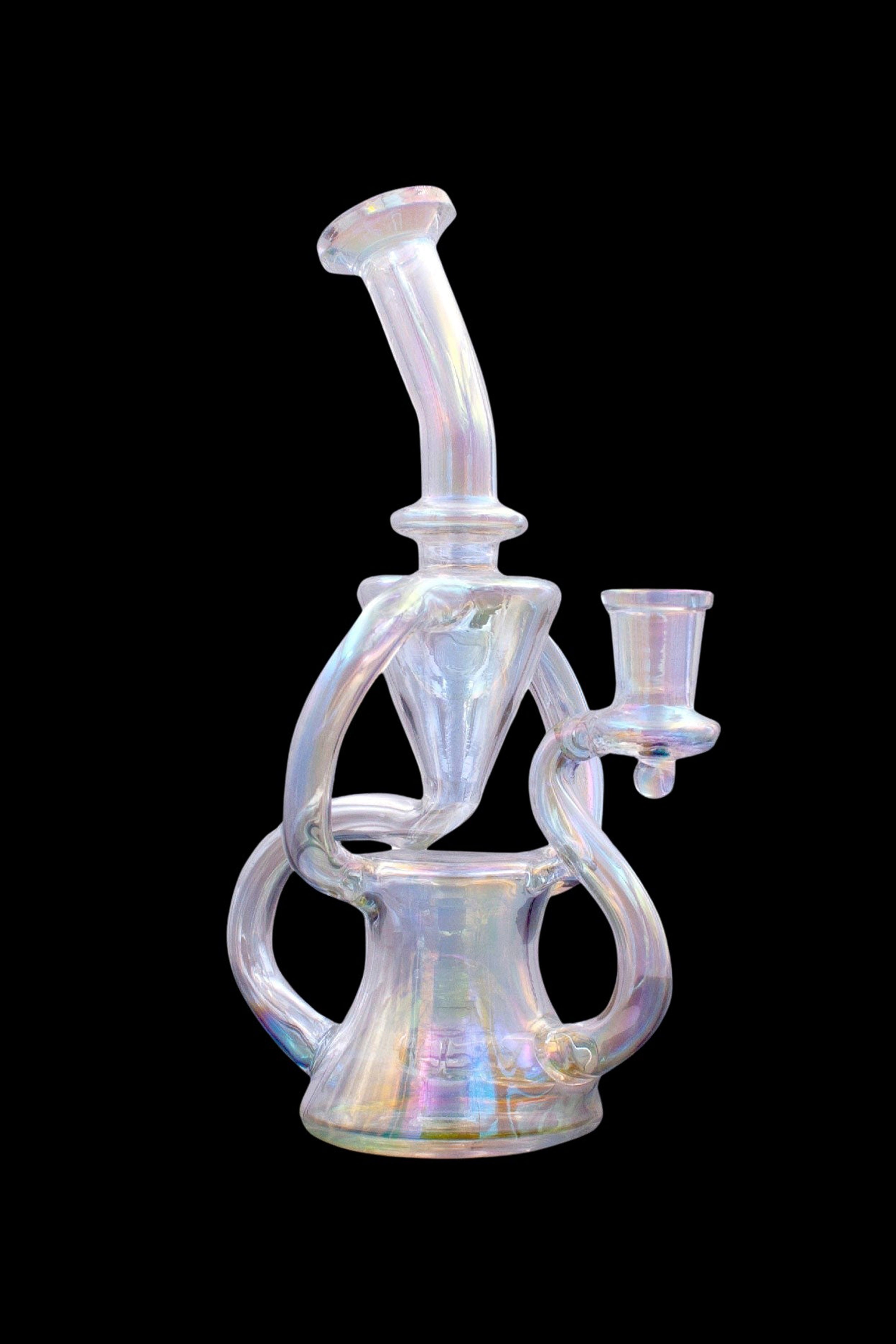 Iridescent glass water pipe (rig) with intricate looping design and bowl piece, isolated on black.