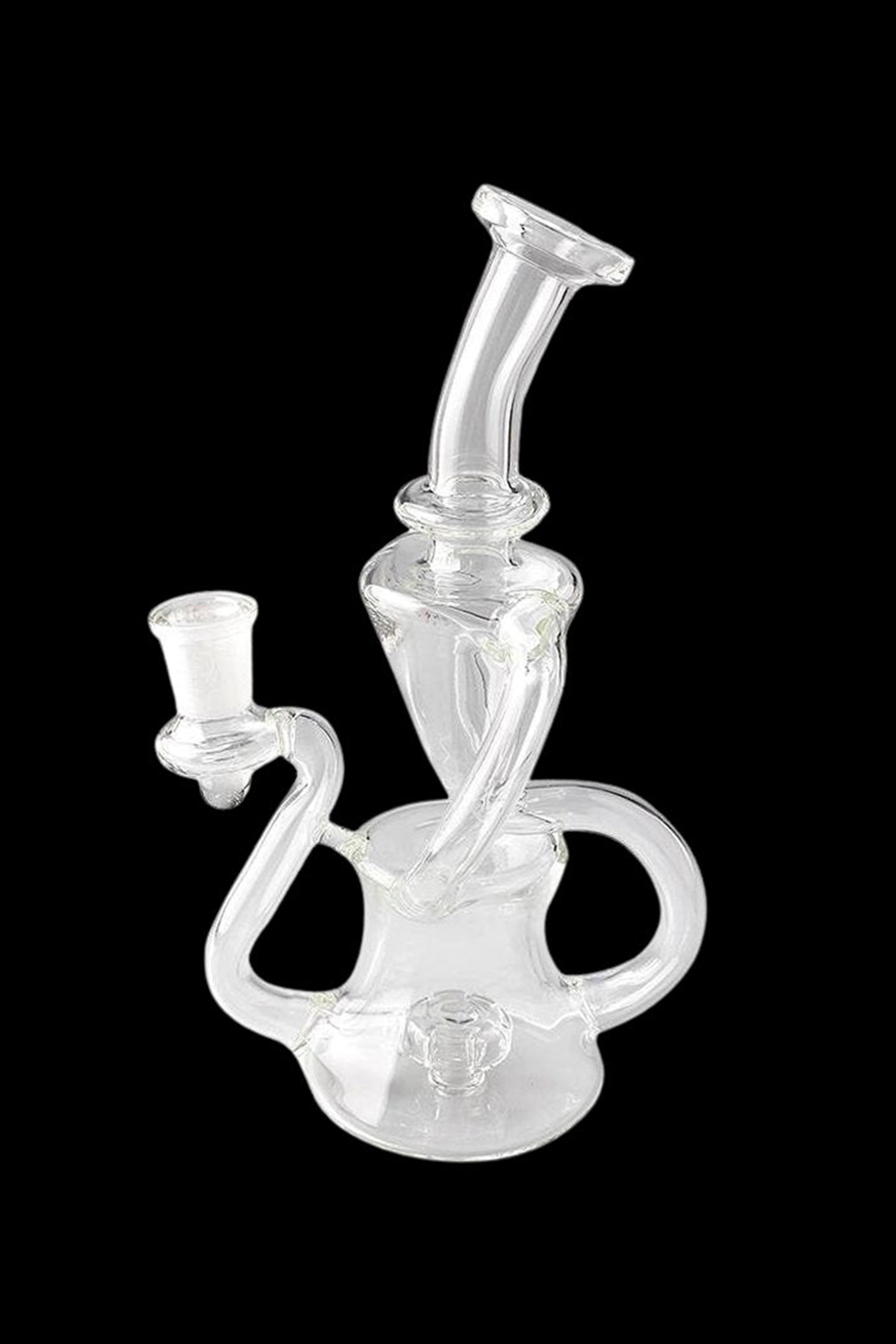 Clear glass water pipe (rig) with intricate looping design and bowl piece.