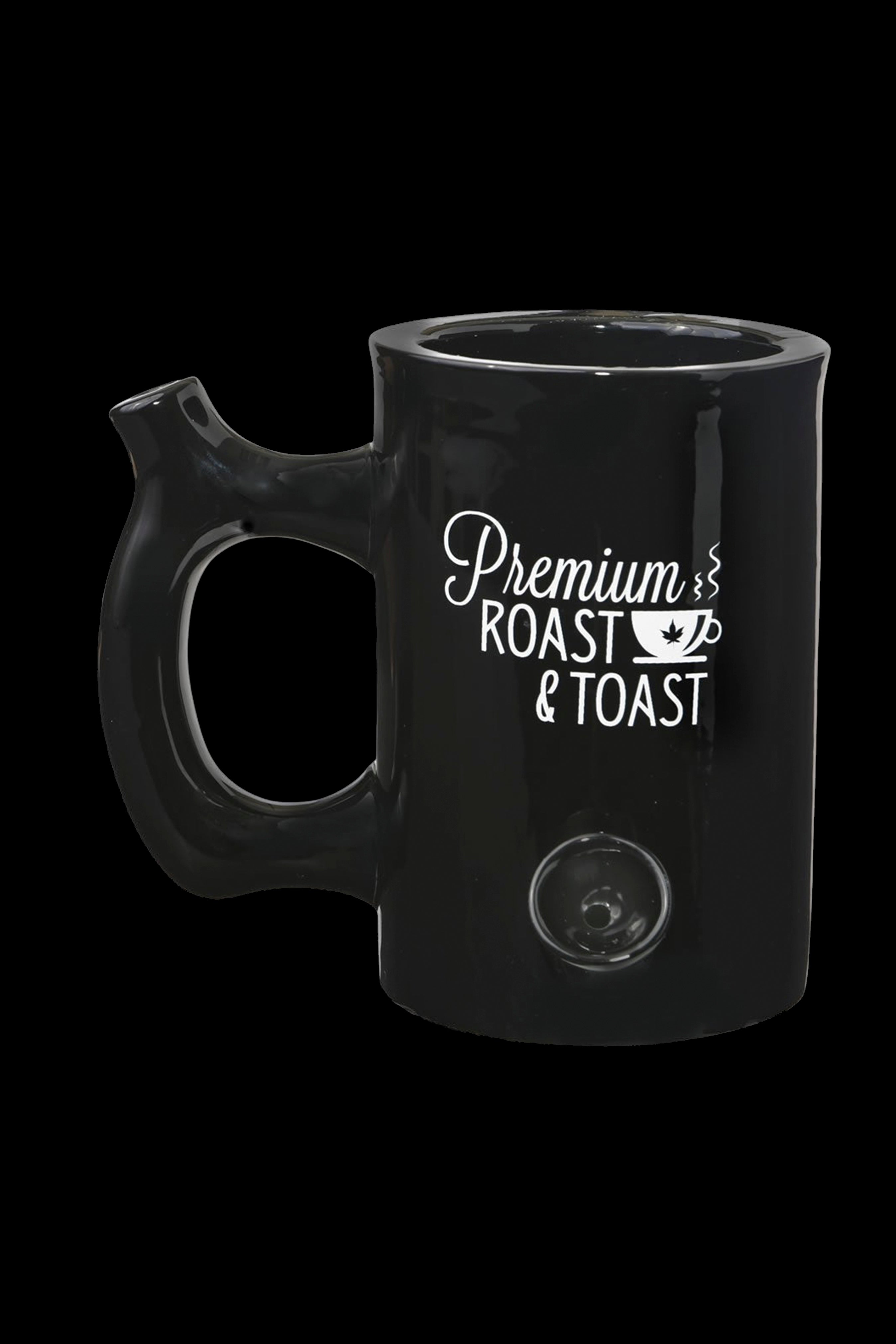 Black ceramic mug with white text reading "Premium Roast & Toast" and a cannabis leaf illustration.