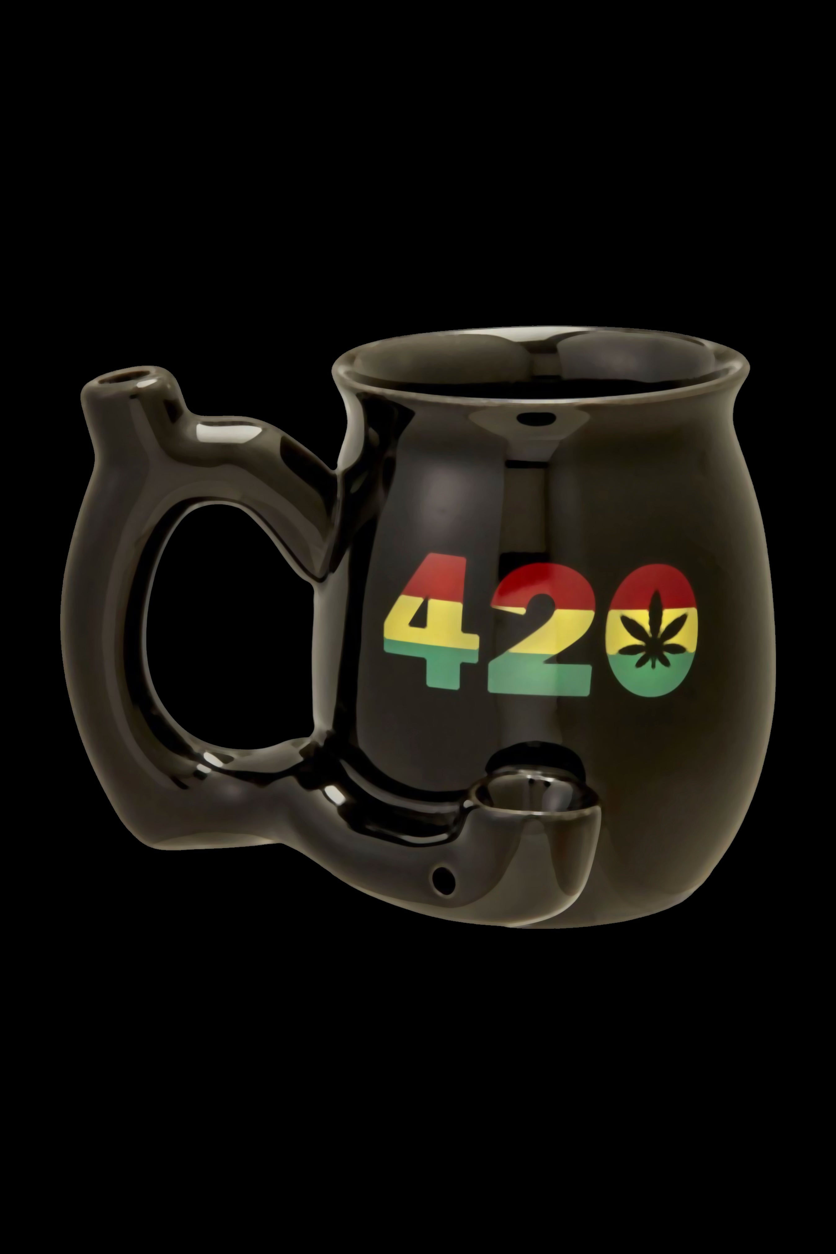 Black ceramic mug with a built-in pipe and “420” displayed in Rastafarian colors.