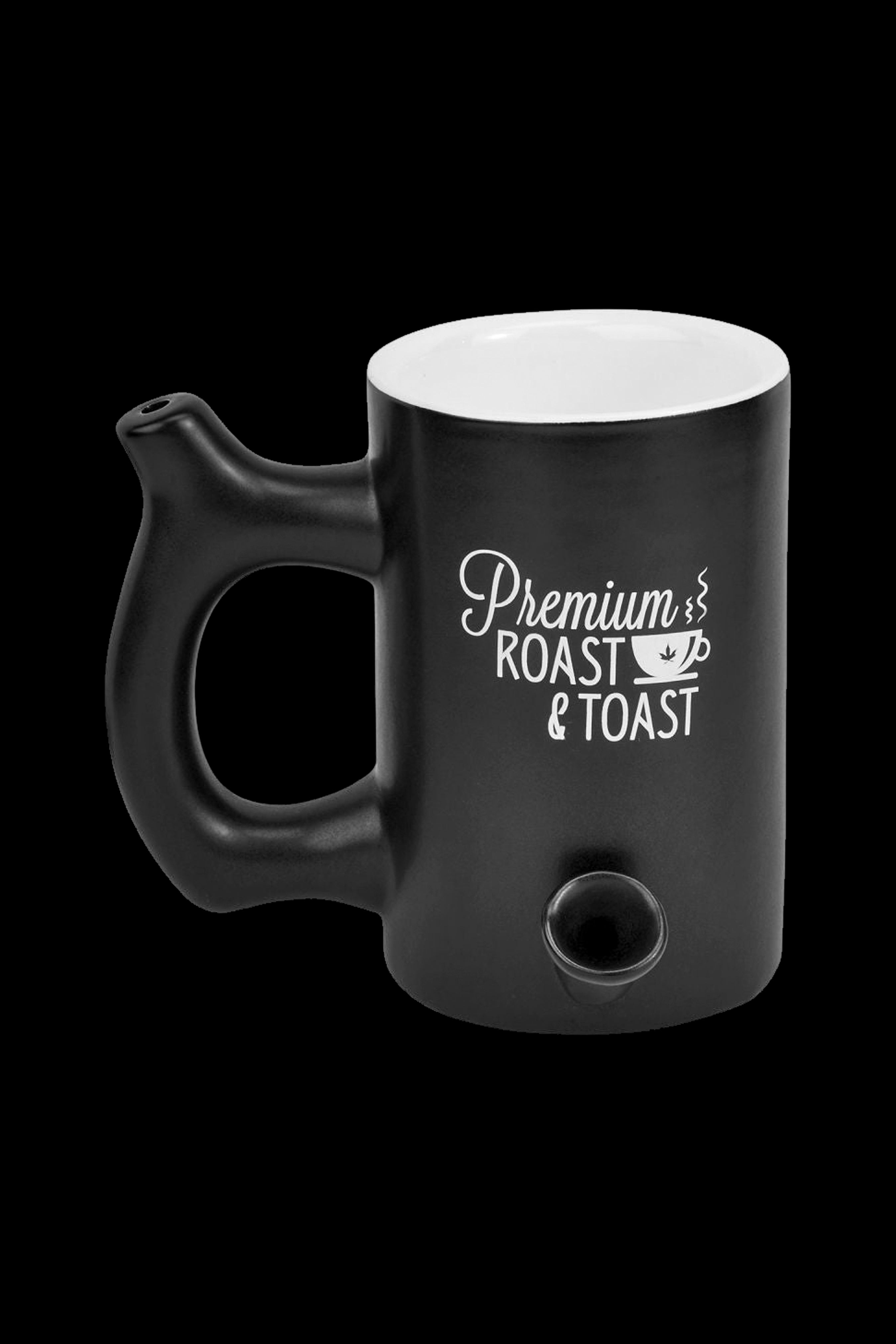 Black ceramic mug with a white interior and “Premium Roast & Toast” script, featuring a built-in bowl and carb hole for smoking.
