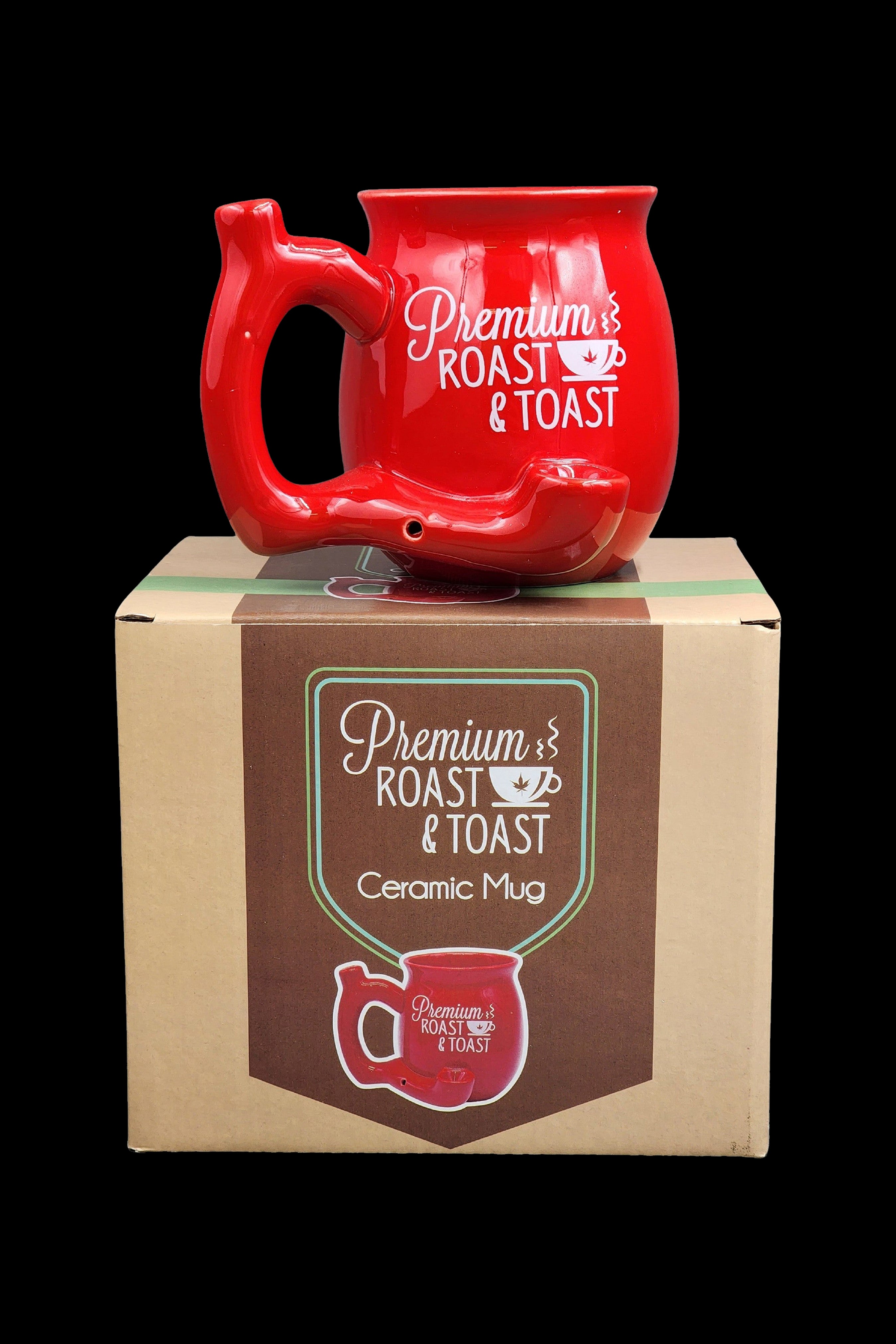 Red ceramic cannabis water pipe shaped like a mug, displayed with its branded packaging.