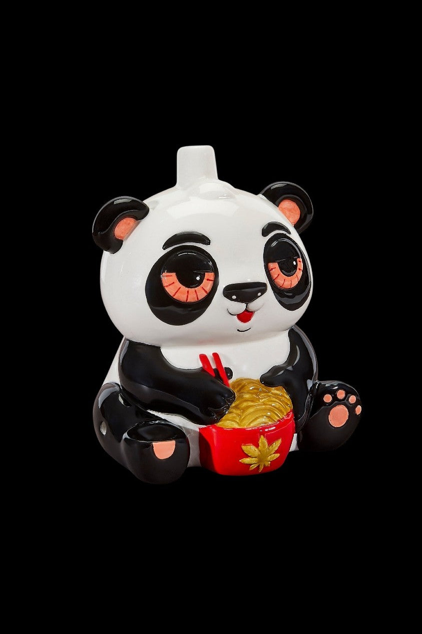 Ceramic panda figurine holding a bowl of noodles, functioning as a water pipe.