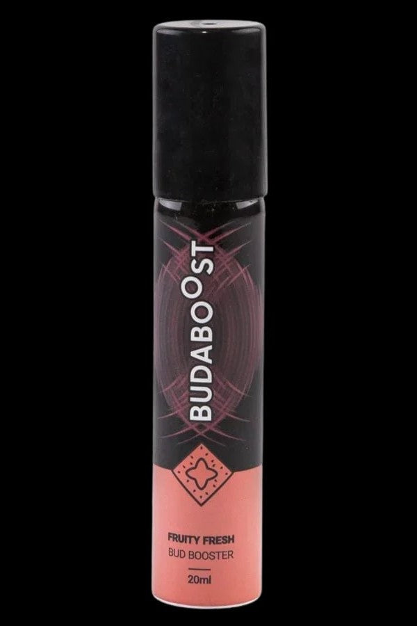 A black and orange bottle of “Budaboost” fruity fresh bud booster, labeled with “20ml”.