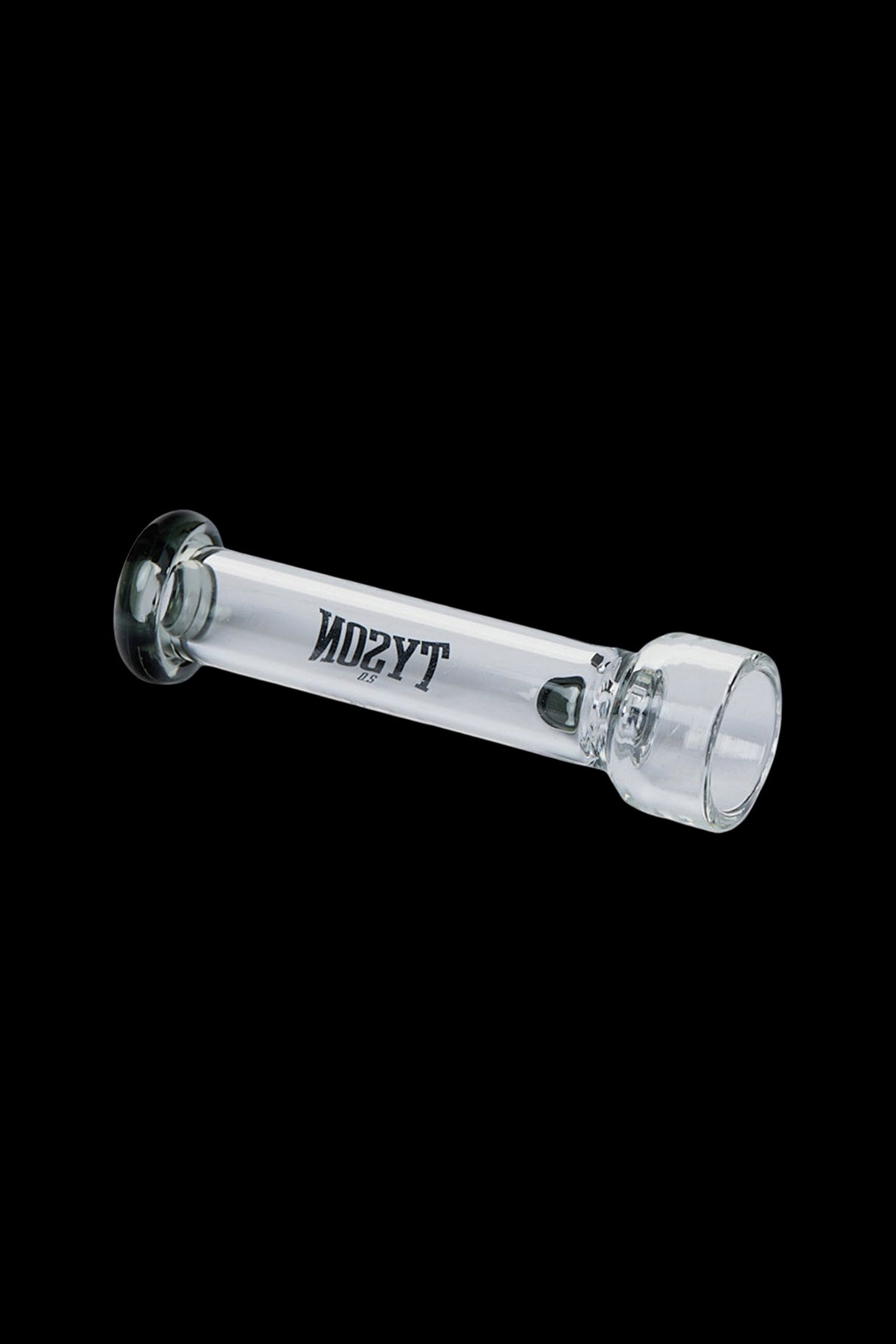 Clear glass pipe with “MDZYT” branding, isolated on a black background.