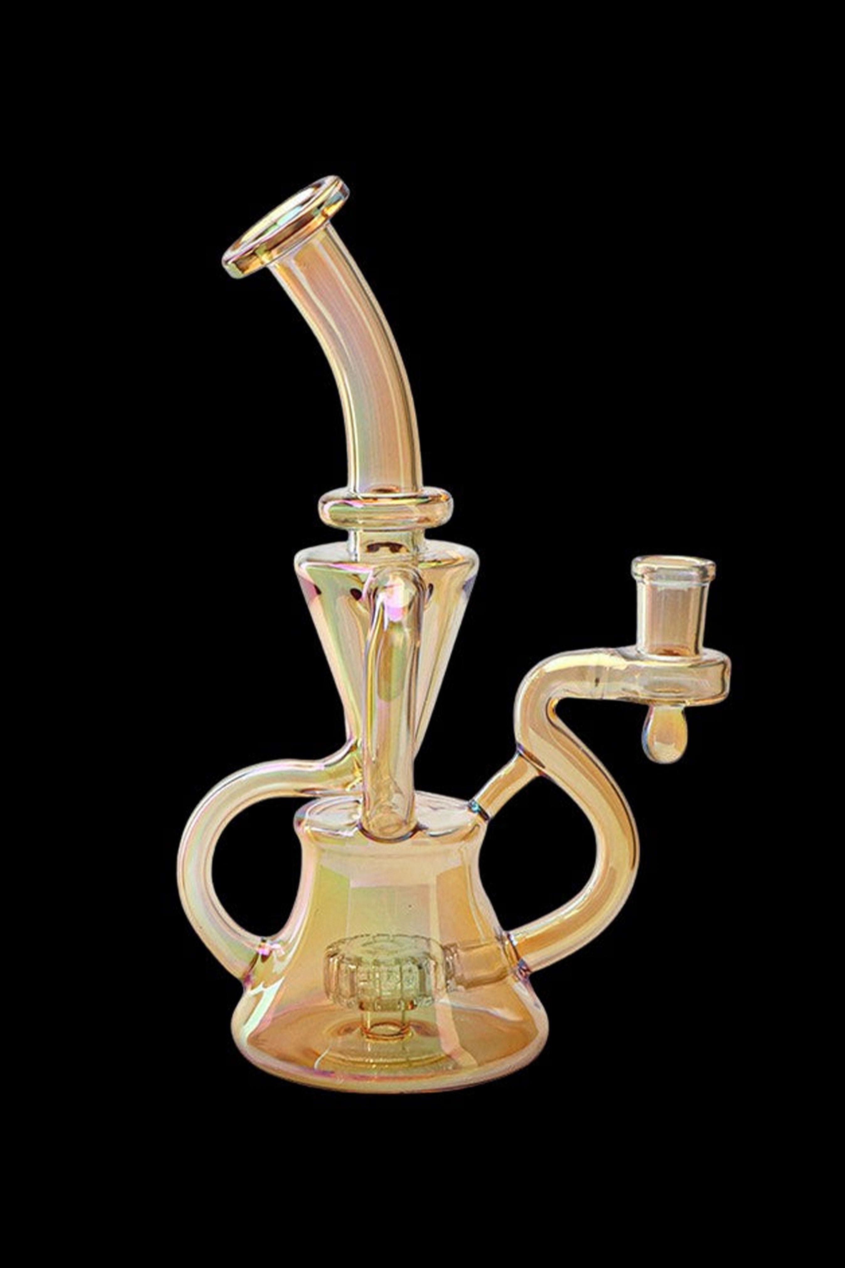 Iridescent glass water pipe (bong) against a black background.