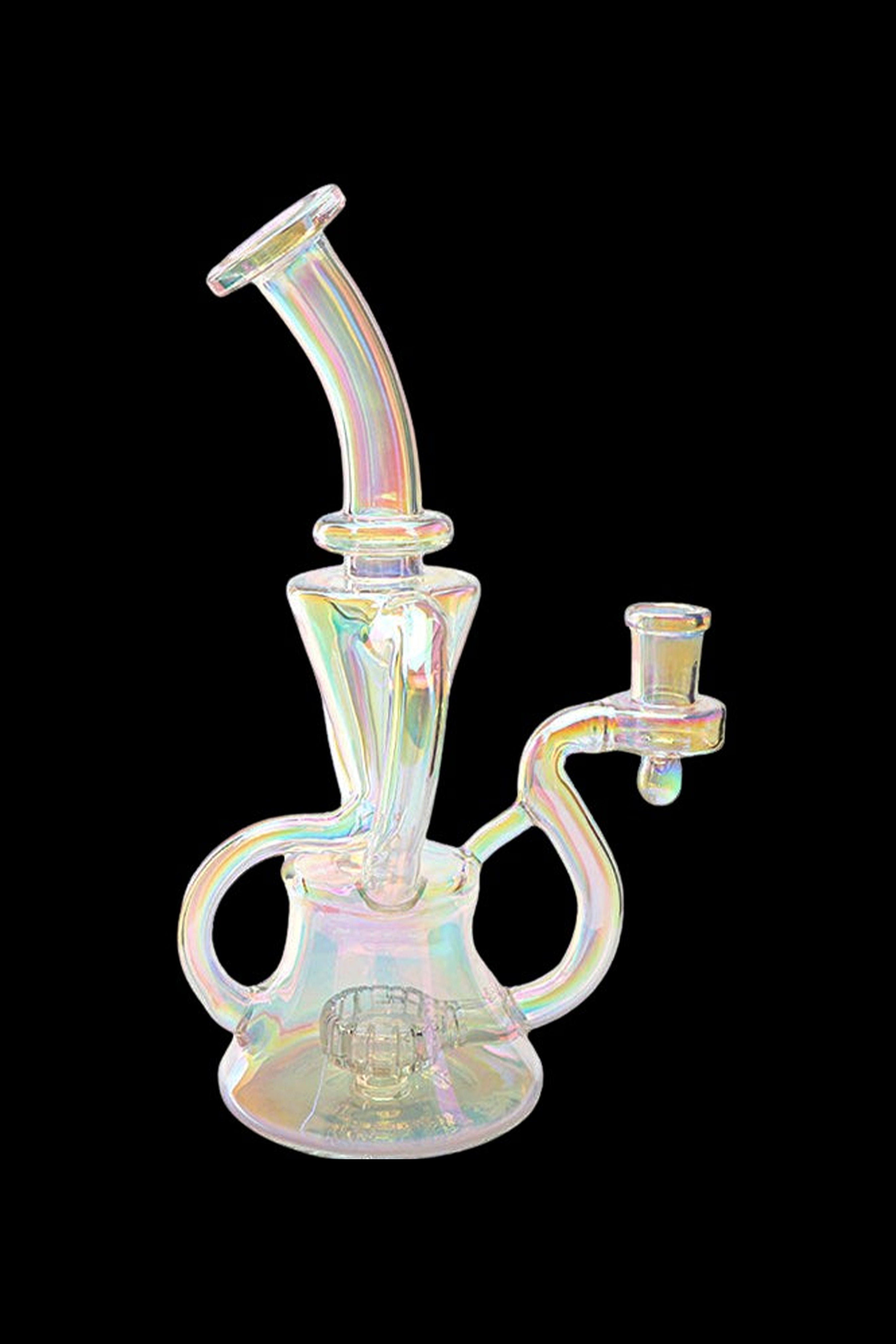 Iridescent glass water pipe (rig) with percolator and mouthpiece.