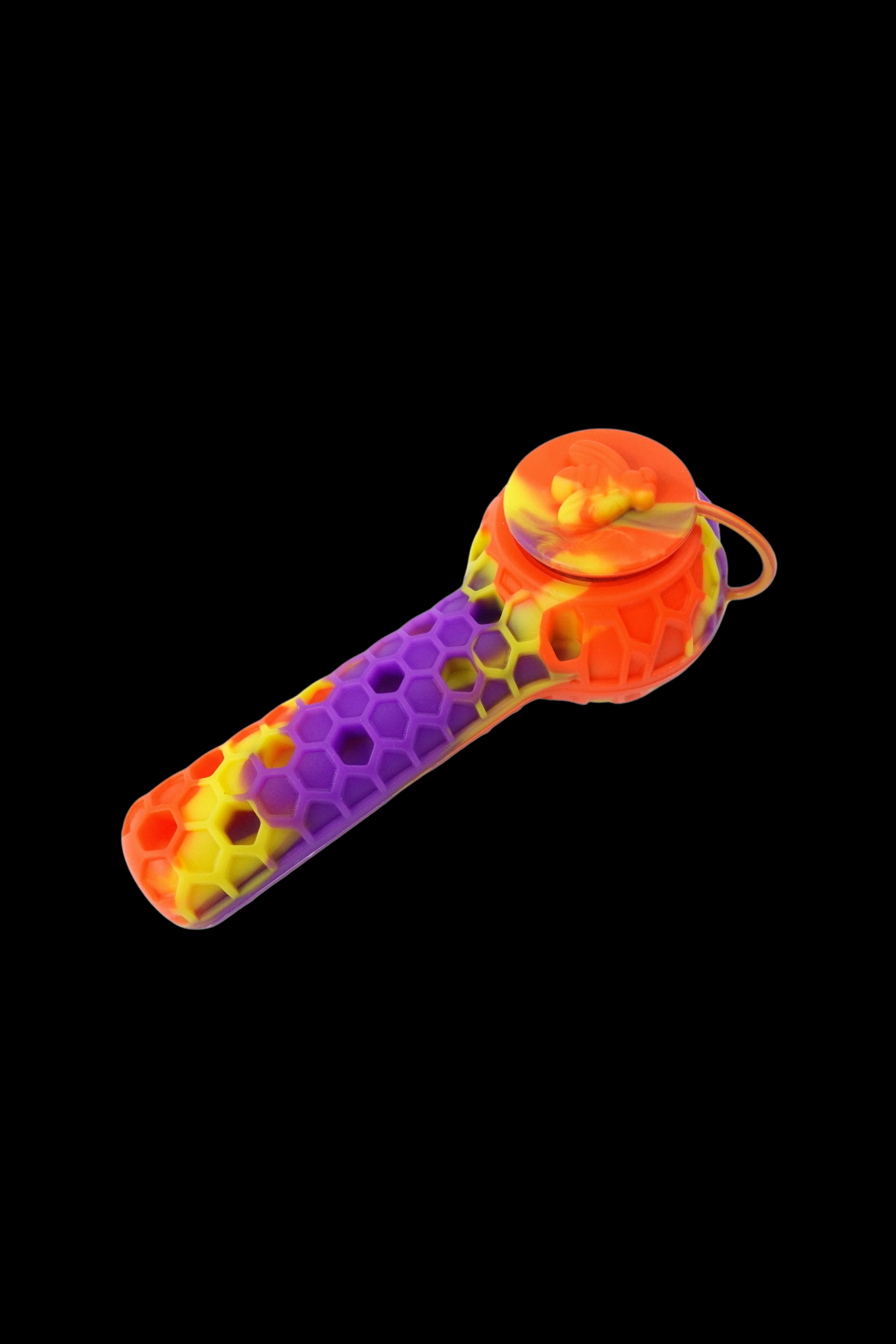 Colorful silicone smoking pipe with a honeycomb pattern.