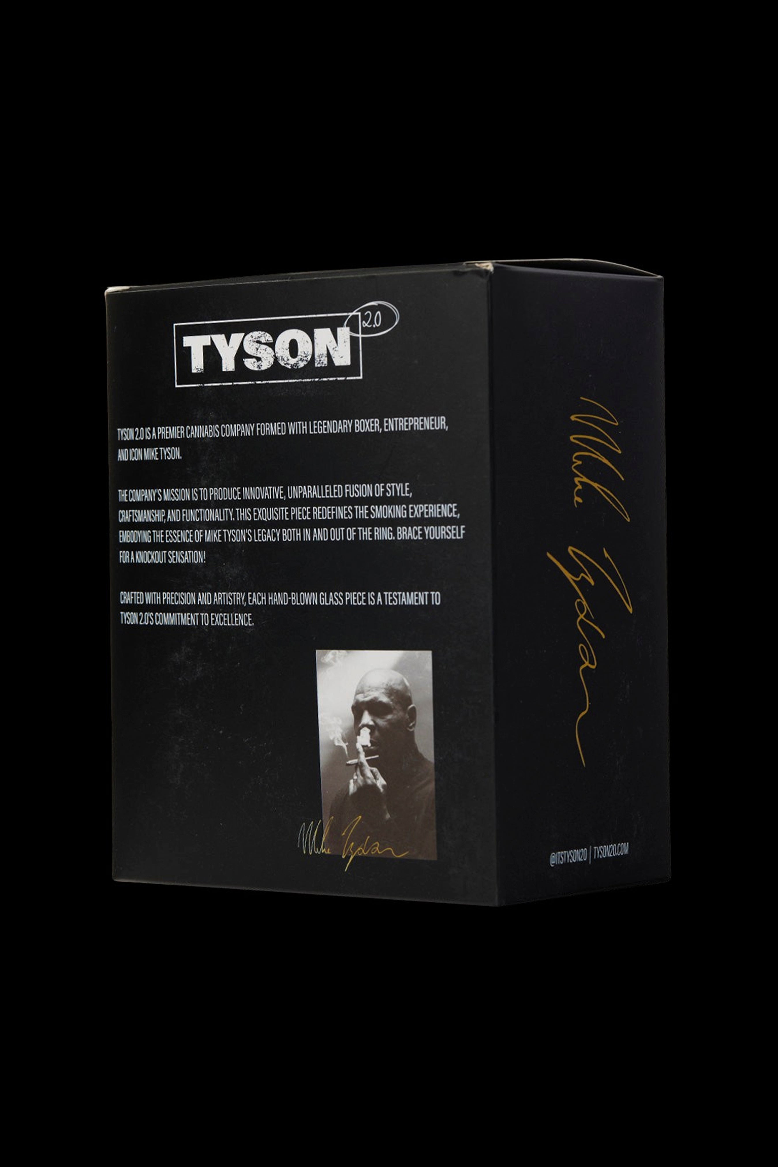 Packaging for Tyson 2.0 cannabis accessories featuring a portrait of Mike Tyson and branding details.