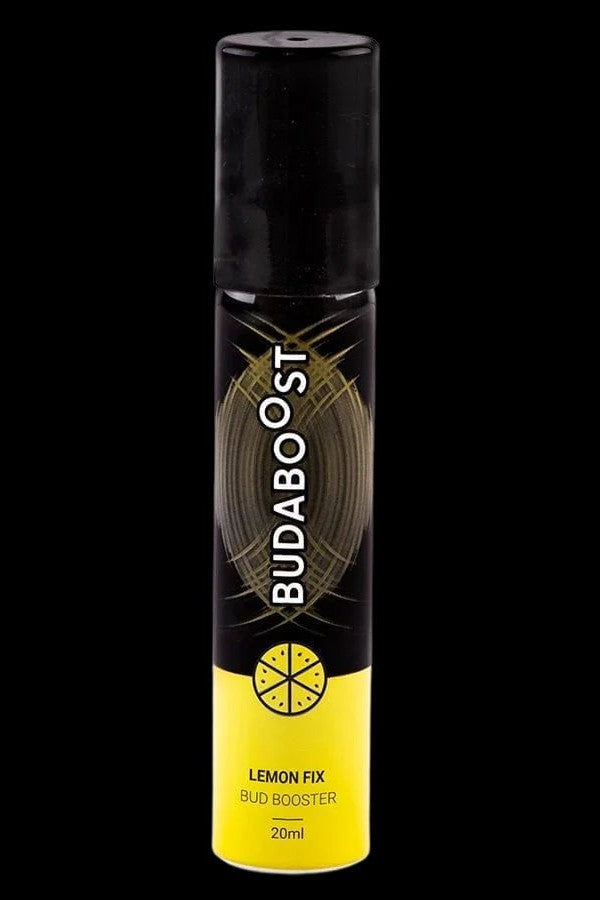 Black bottle of “Budaboost Lemon Fix” bud booster, 20ml.