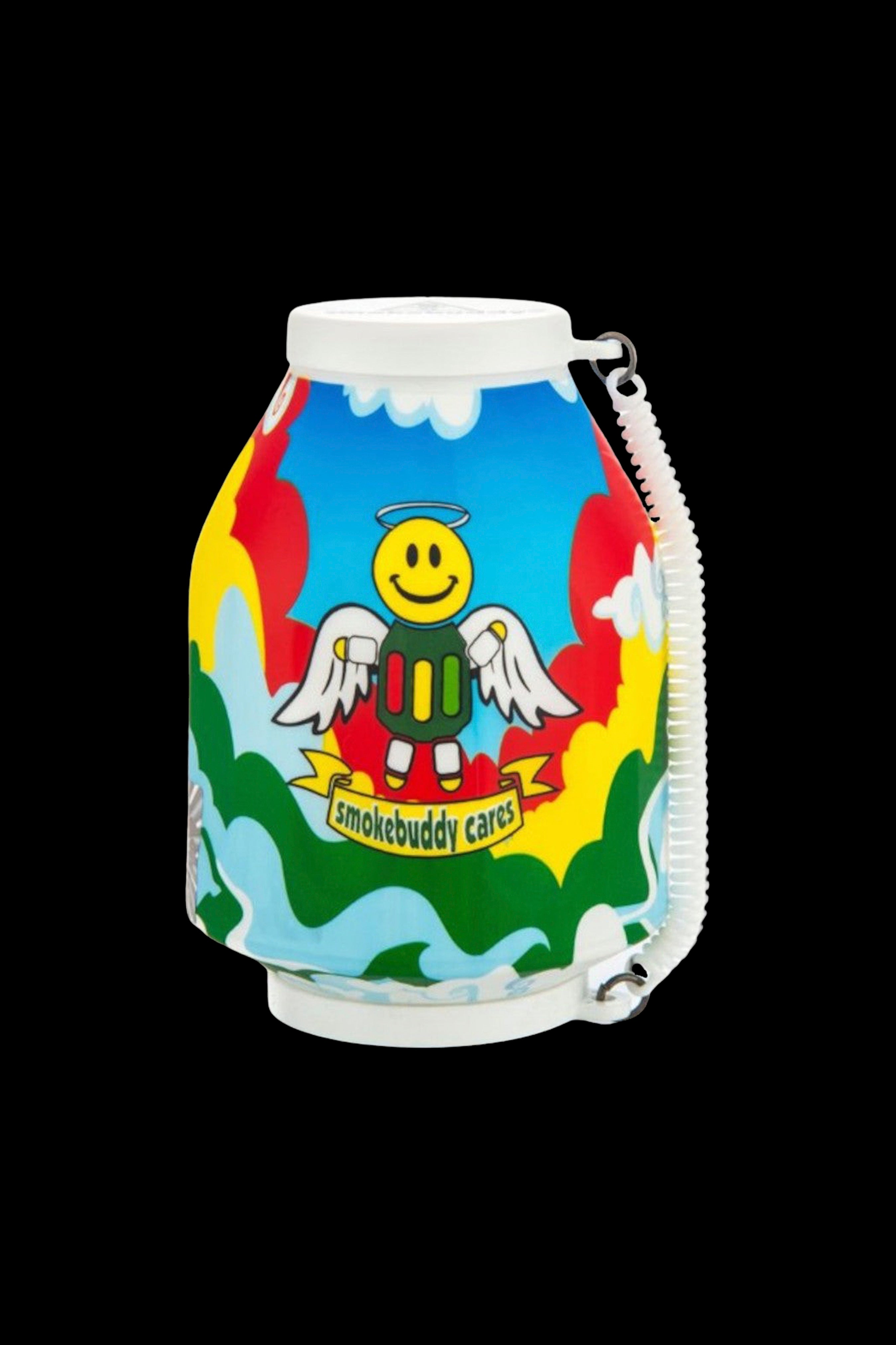 Close-up front view of a colorful Smokebuddy Original Personal Air Filter with a smiling halo emoji character on a blue, red, yellow and green background.