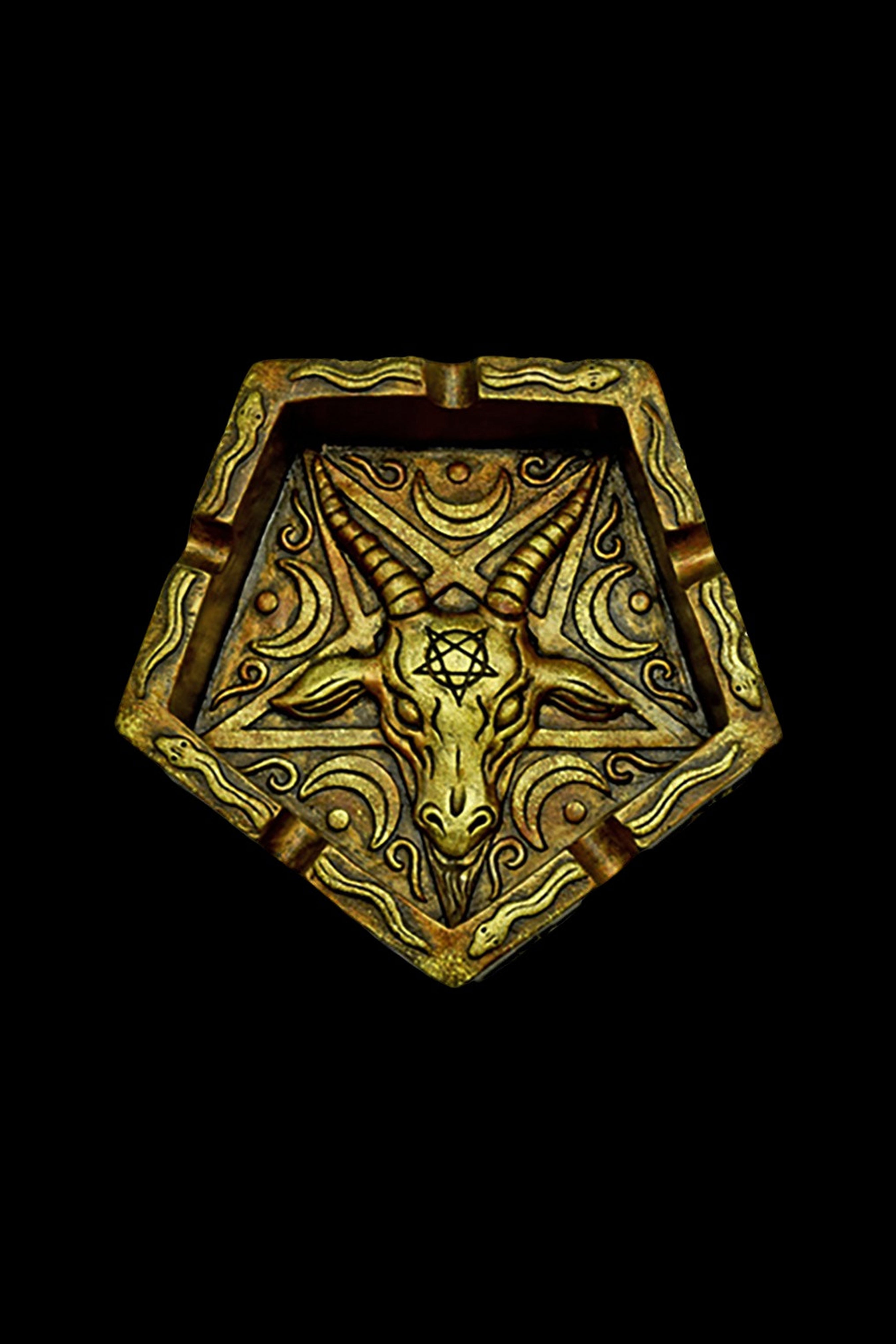 Hexagonal gold ashtray with a stylized goat skull and occult symbols, designed for cannabis use.