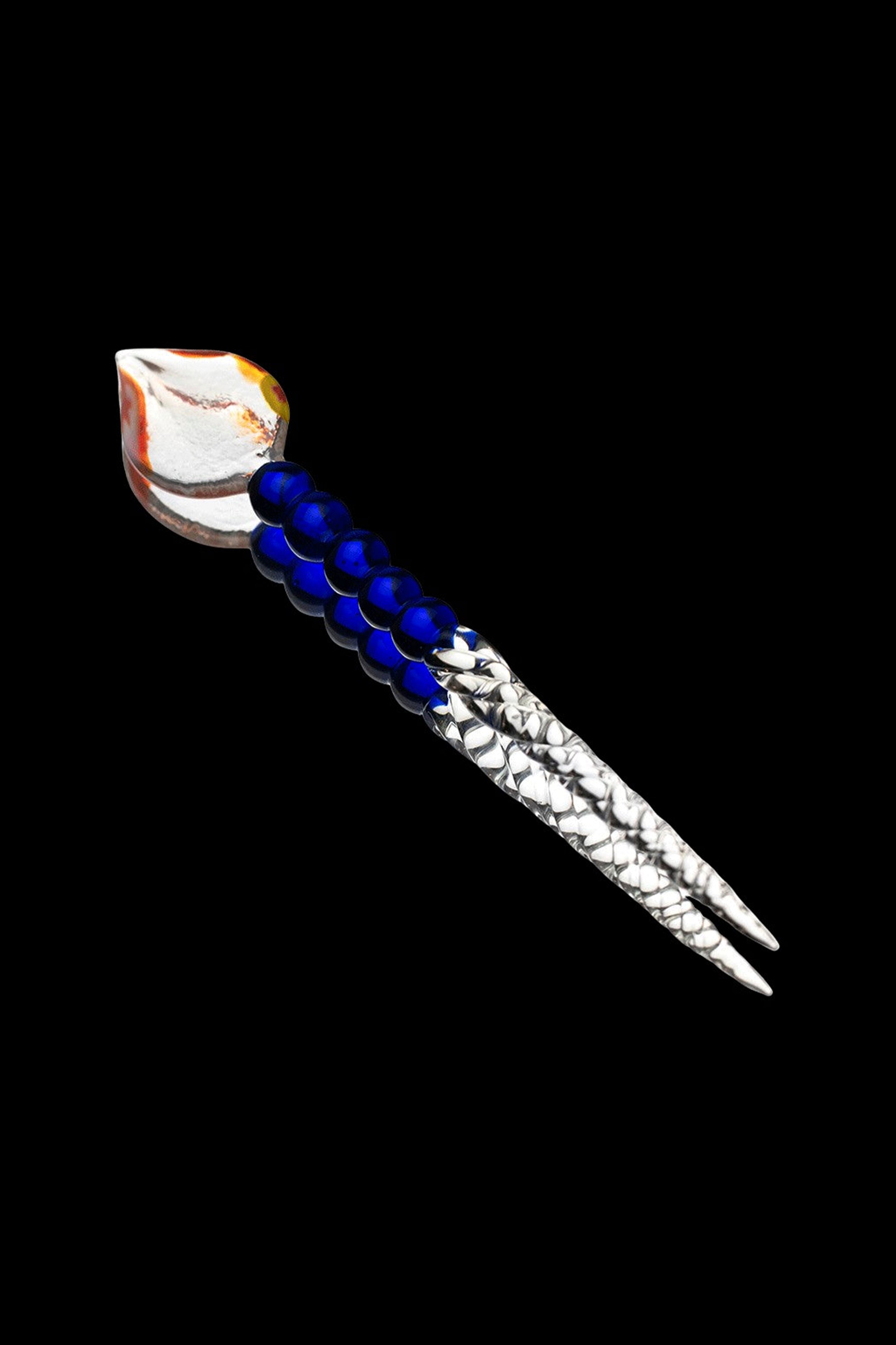 Hand-blown glass cannabis oil burner with a speckled silver and blue design.