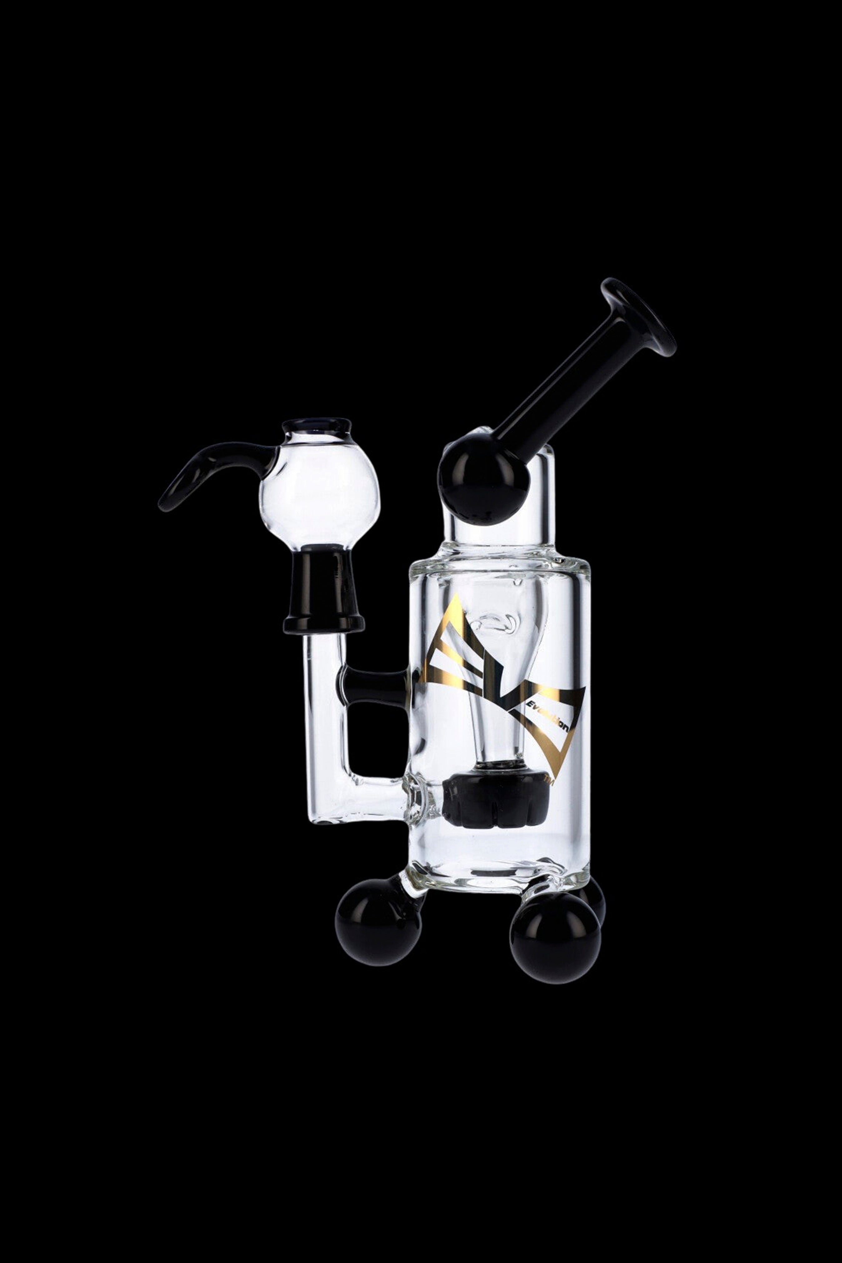 Clear glass water pipe (rig) with black accents, featuring a percolator and mouthpiece, isolated on a black background.