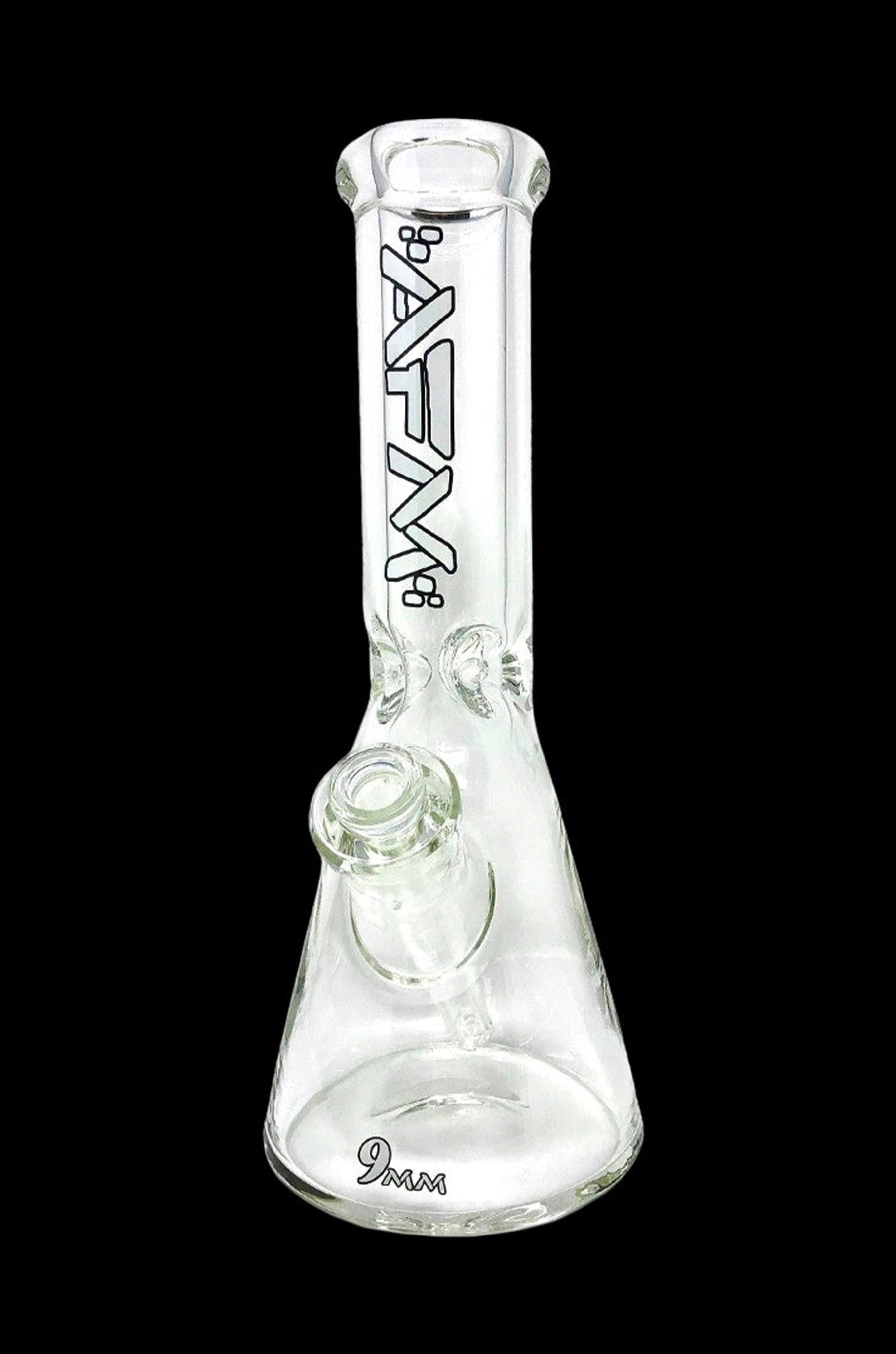 Clear glass bong with ice catch and manufacturer's logo.