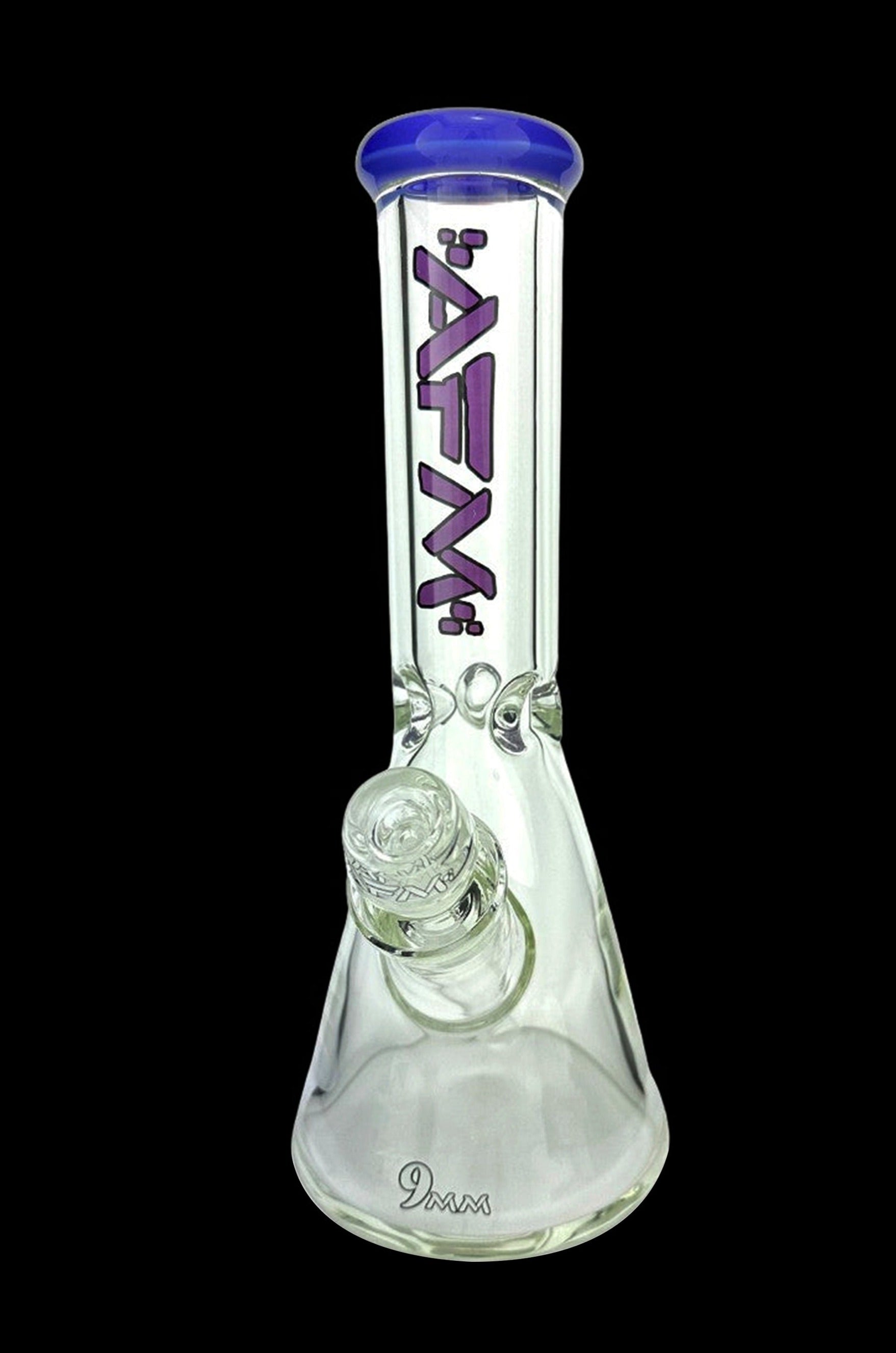 Clear glass bong with purple lettering and ice catcher.