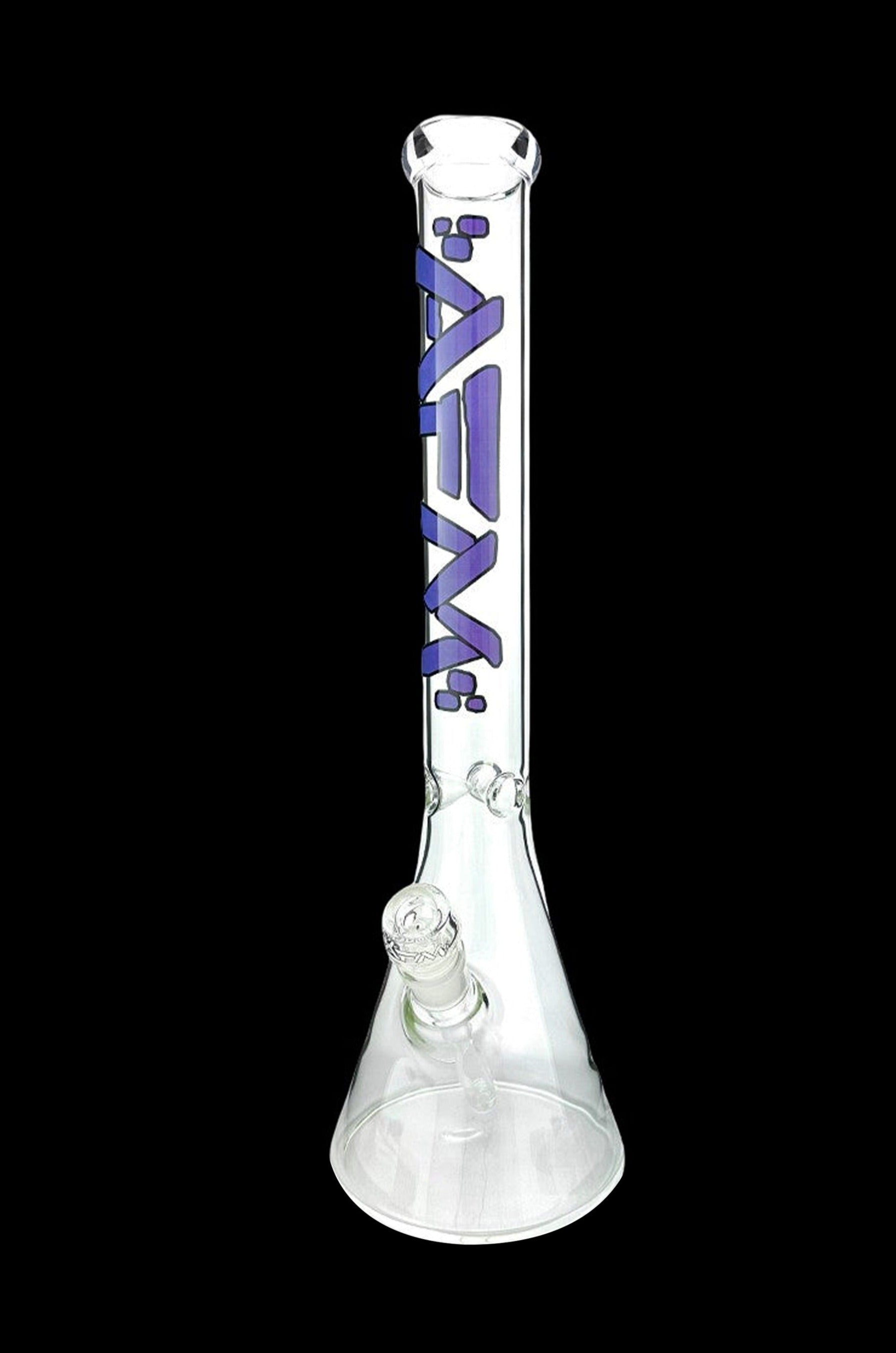 Clear glass bong with purple wave design.