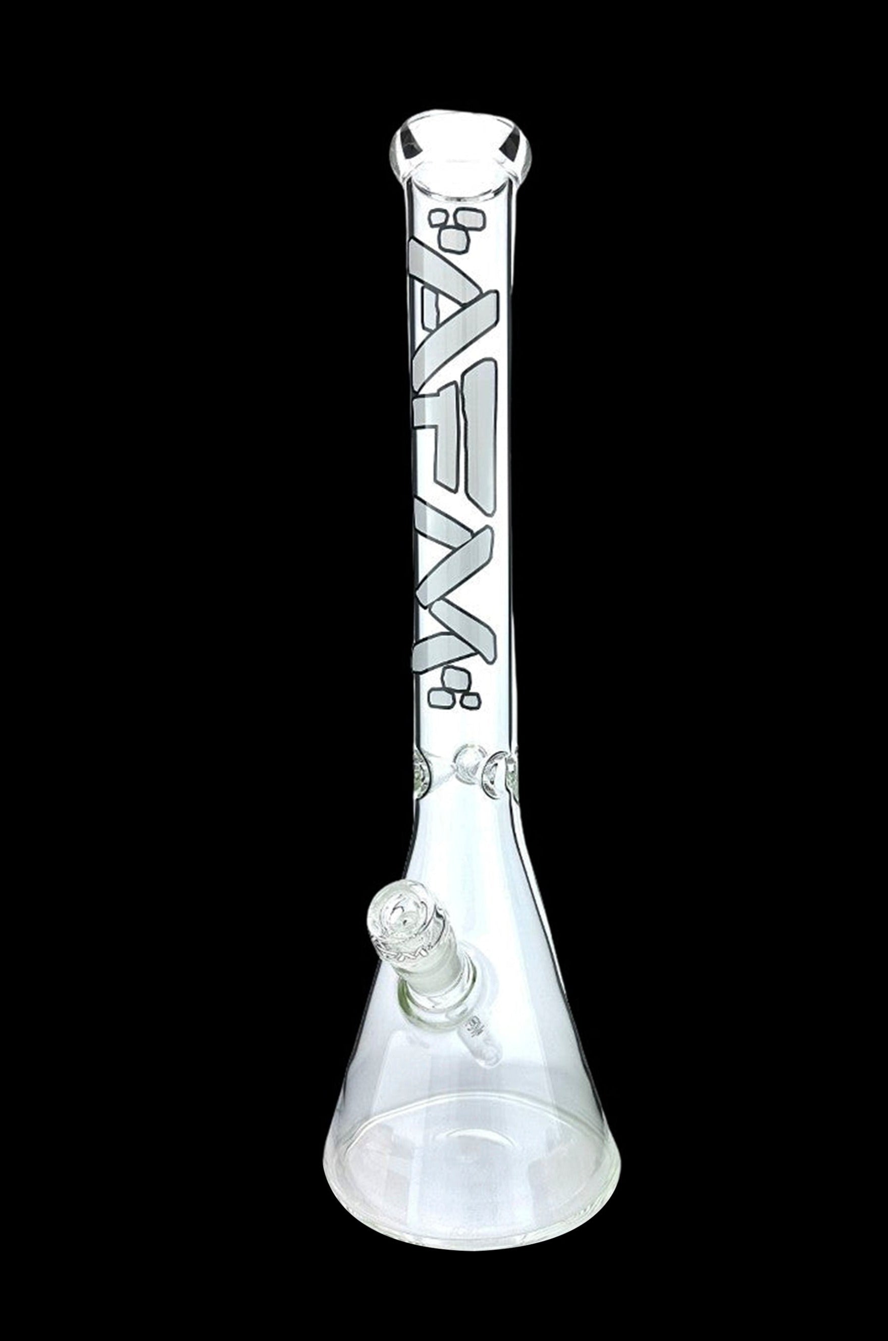 Clear glass bong with etched lettering and floral designs.