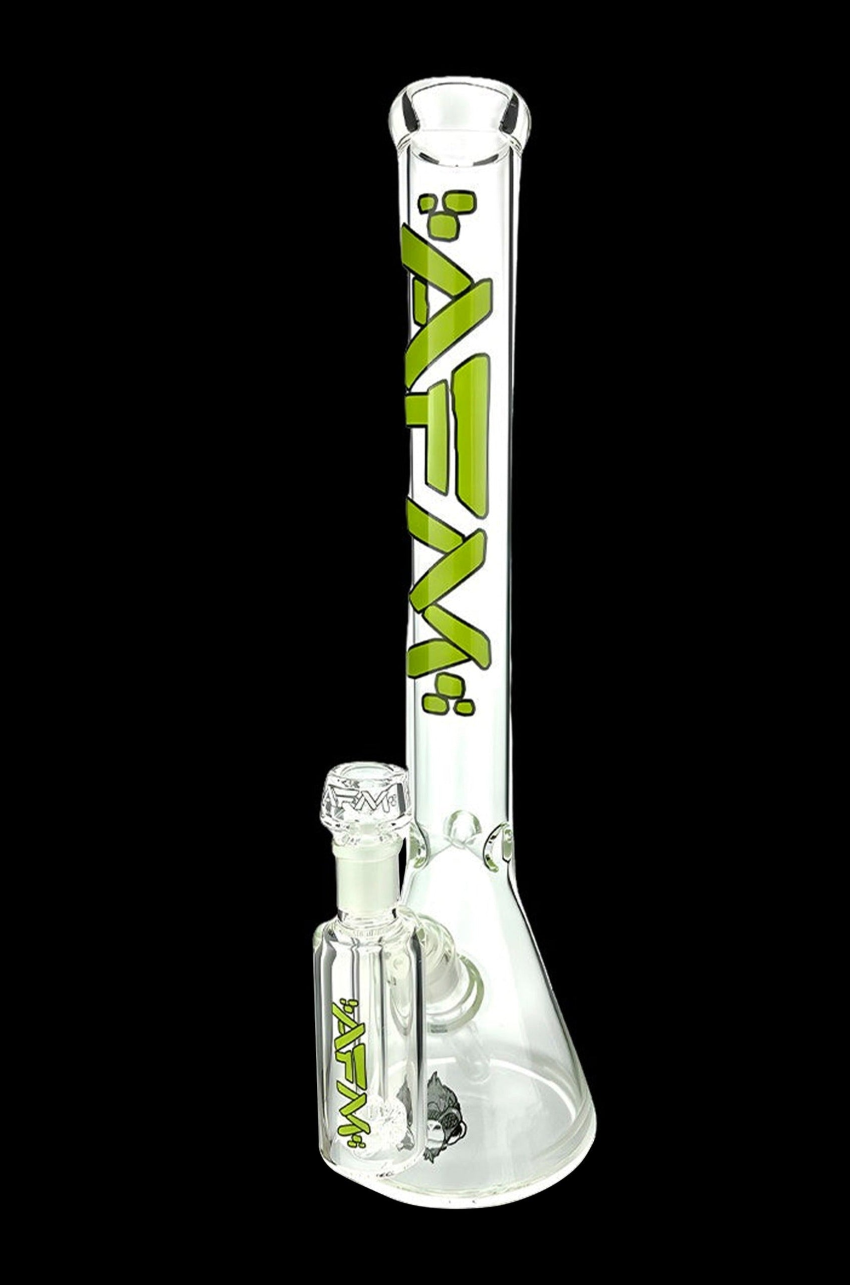 Clear glass water pipe (bong) with green lettering and floral designs.