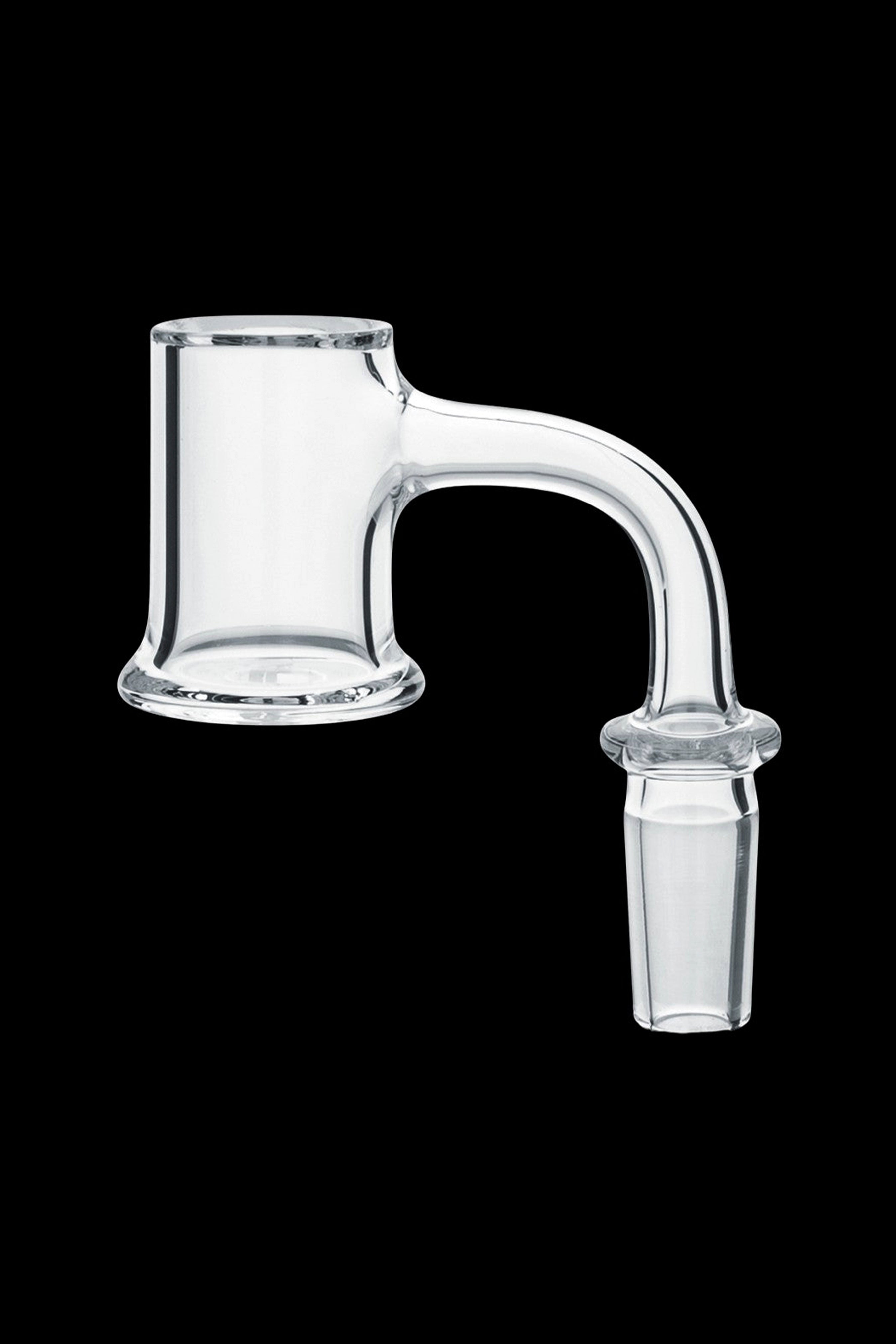 Clear glass cannabis oil rig banger with a curved neck.
