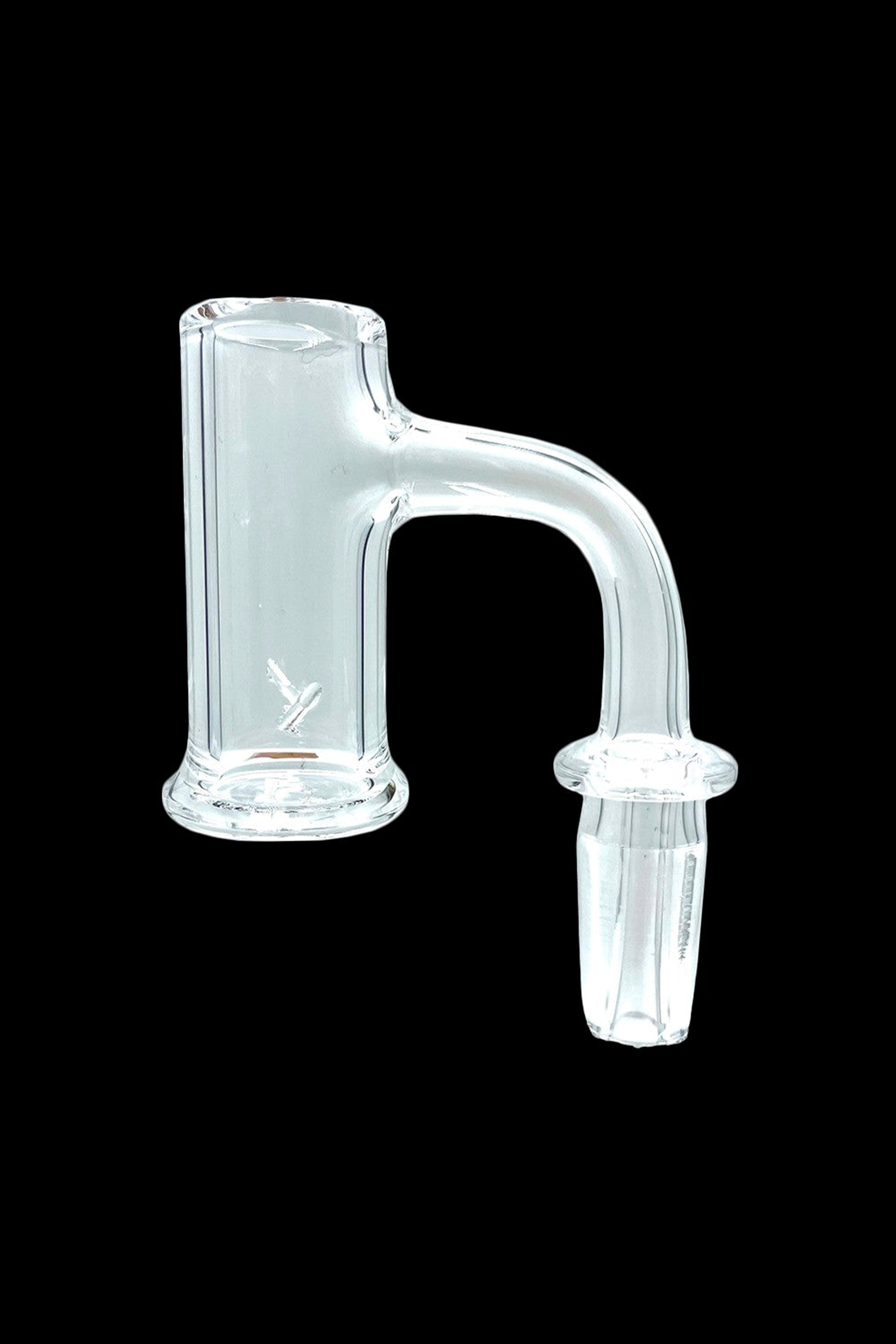 Clear glass cannabis oil rig attachment with a looped design.