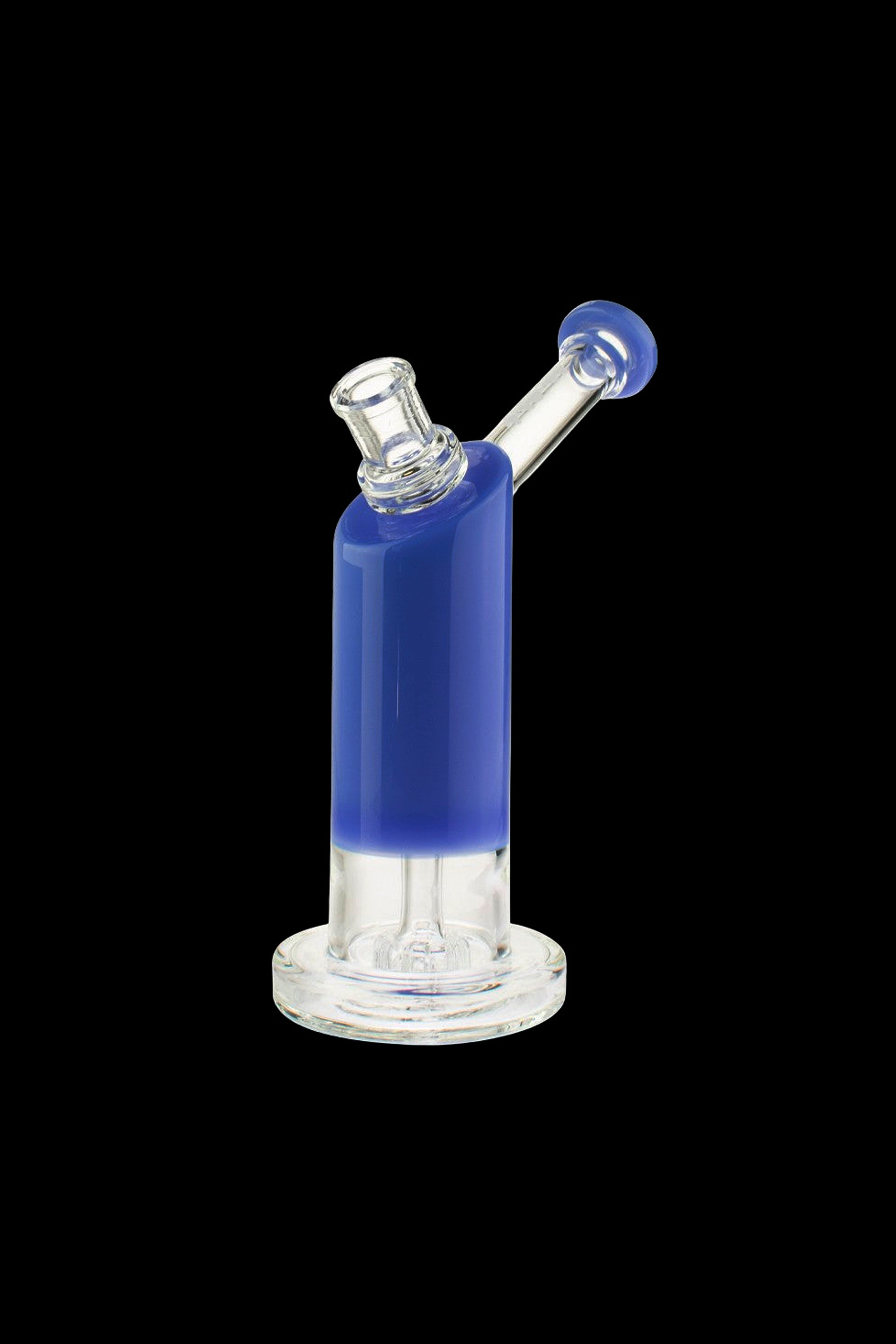 Blue and clear glass dab rig with a spherical mouthpiece, isolated on a black background.