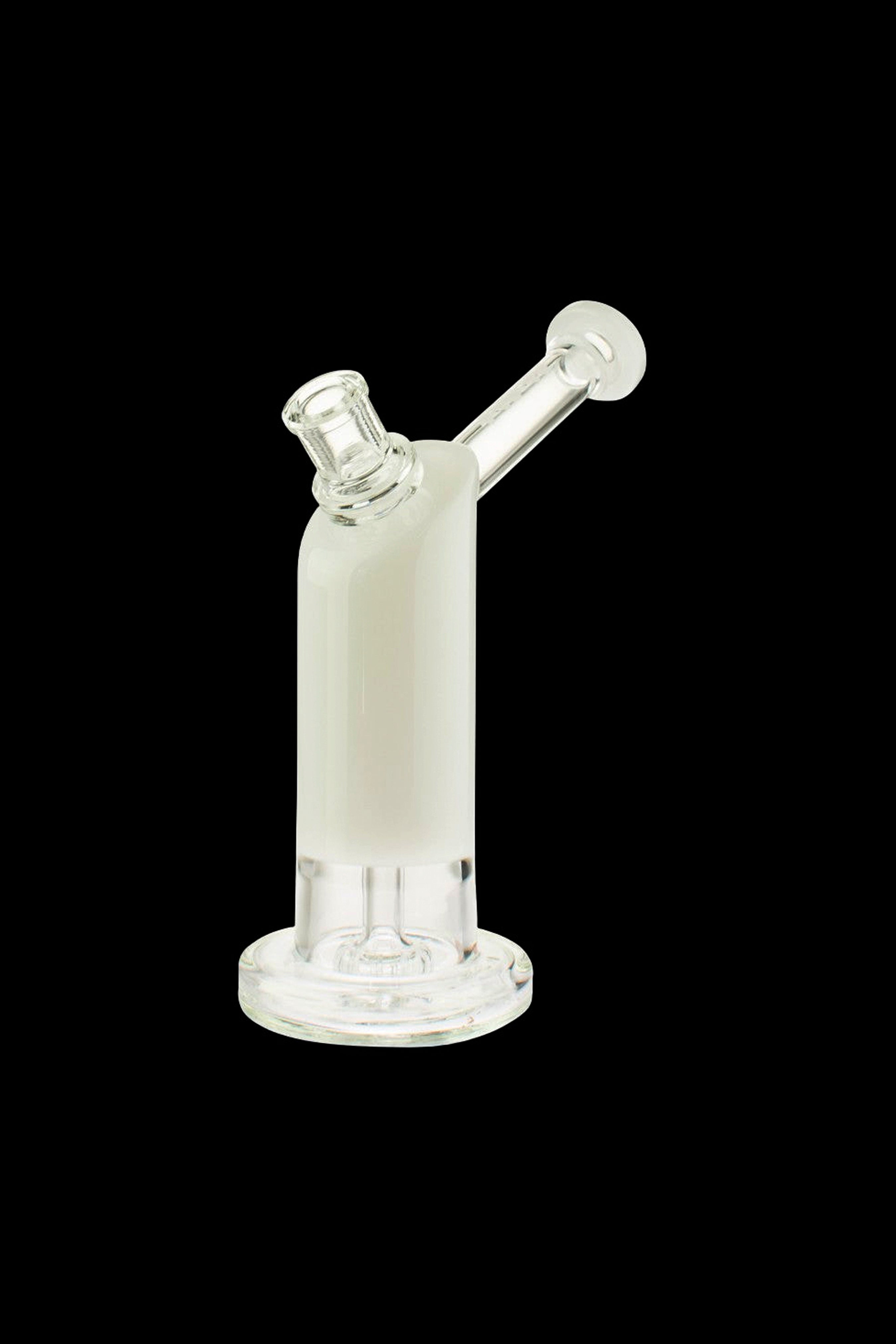 Clear glass bubbler with a cylindrical body and angled mouthpiece.