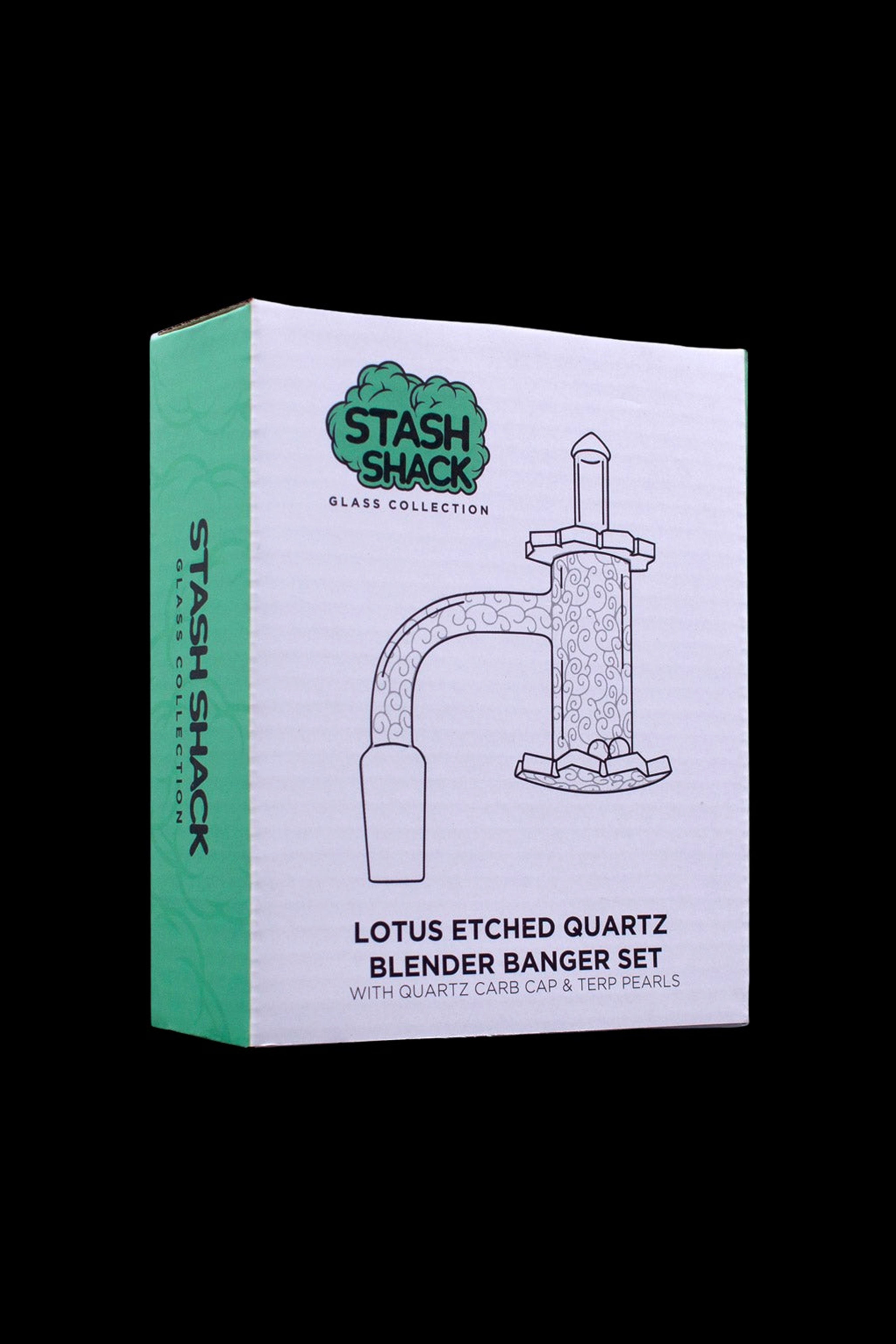 Product packaging for “Stash Shack” brand lotus-etched quartz blender banger set with carb cap & terp pearls.