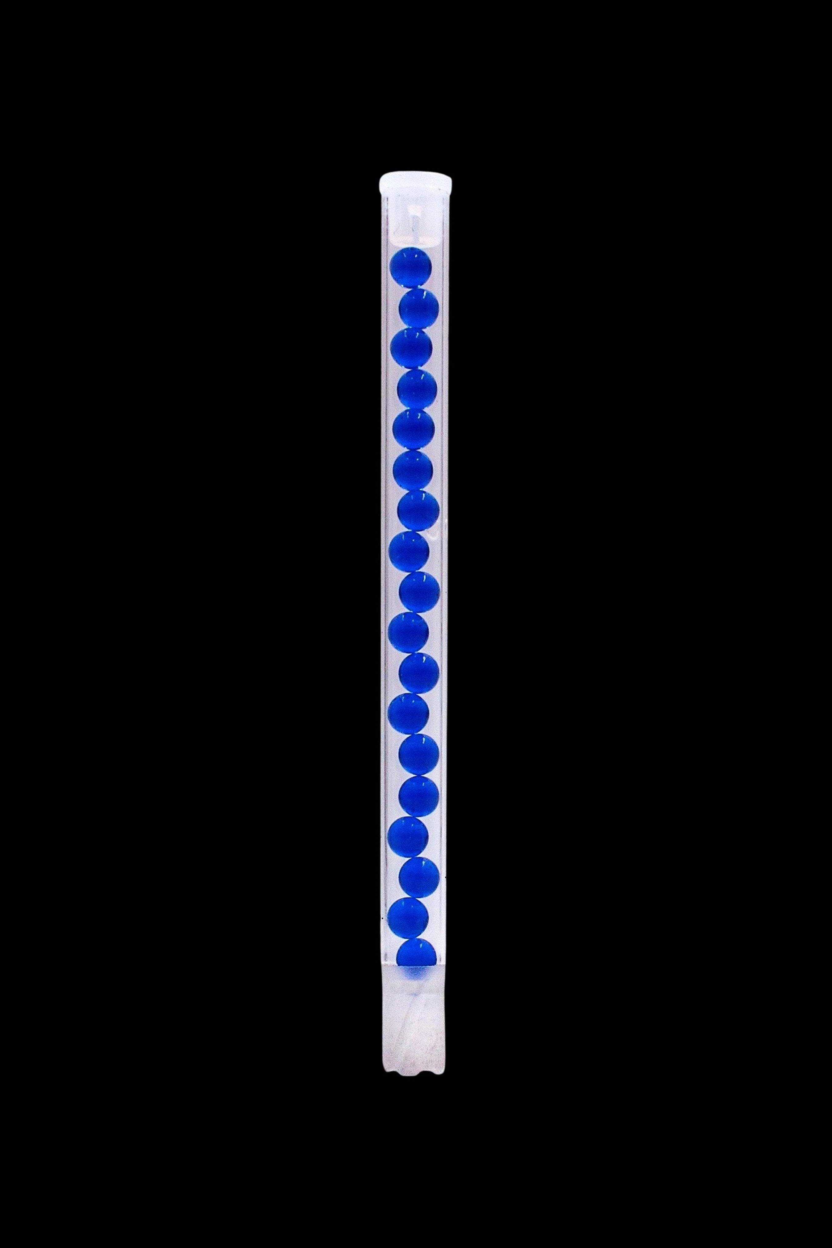 Clear acrylic bubbler with blue beads, isolated on a black background.