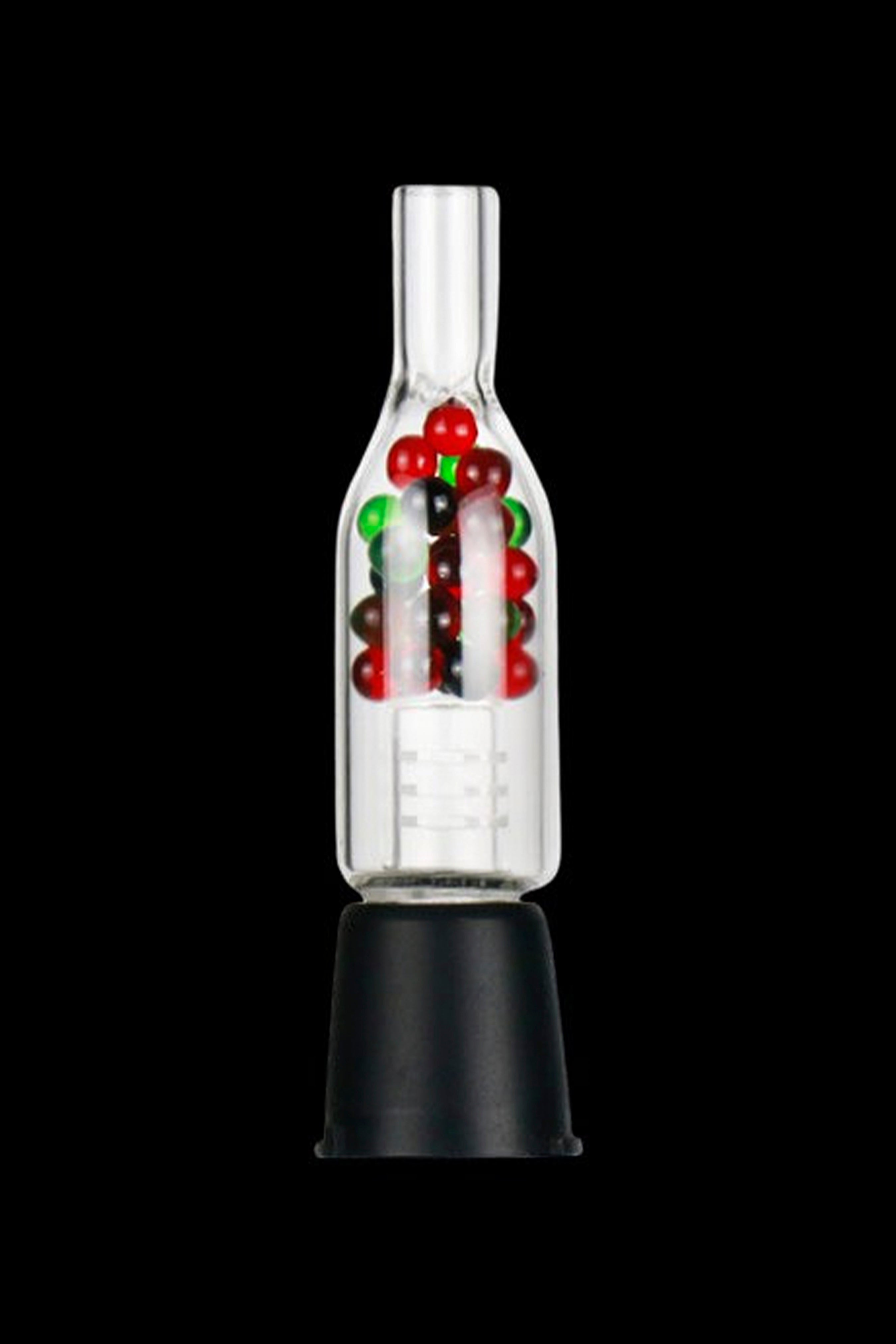 Glass bubbler water pipe with red and green accents, displayed on a black stand.