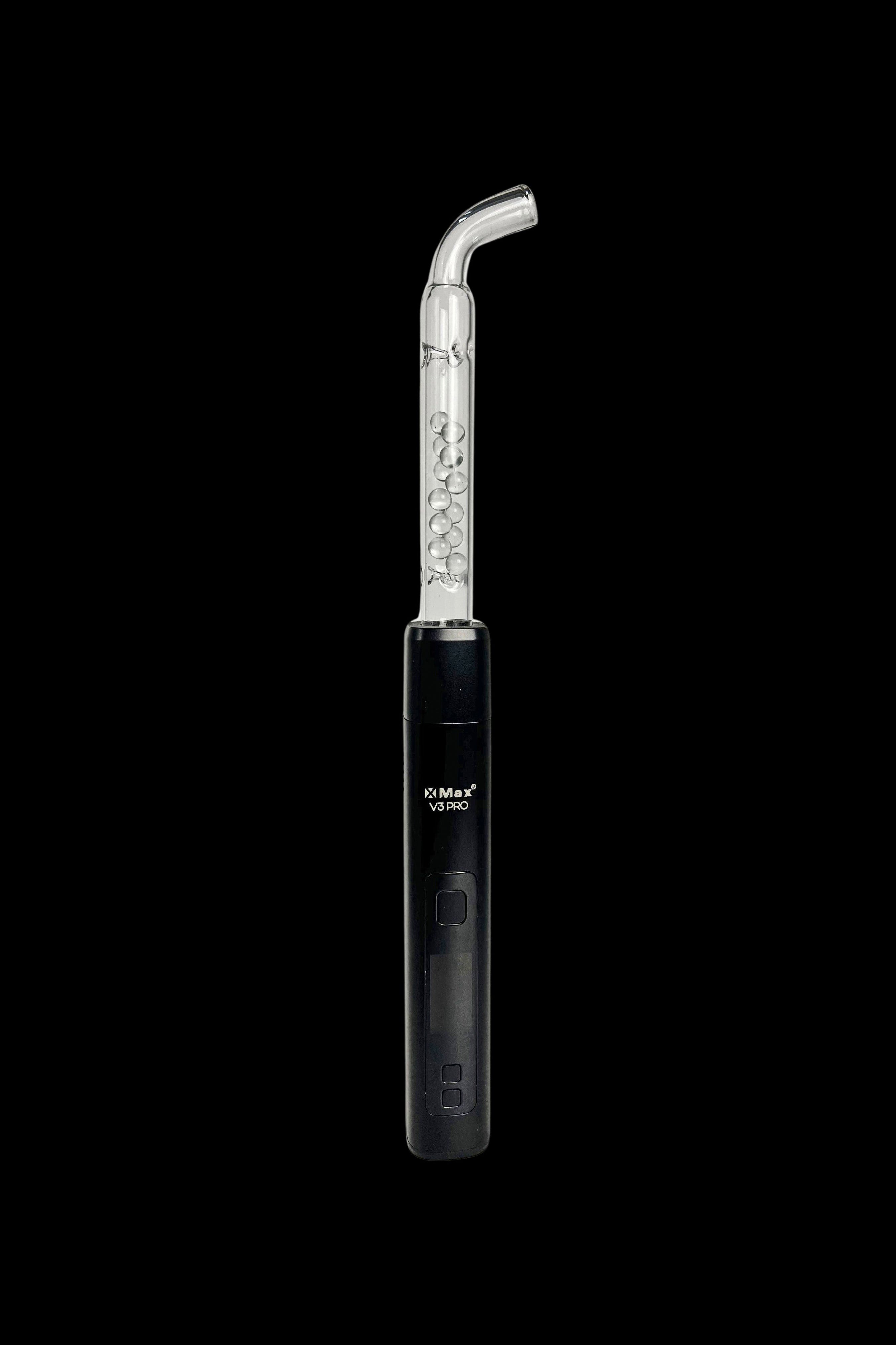 Black XMAX V3 Pro cannabis oil vaporizer pen with a clear, curved glass attachment.
