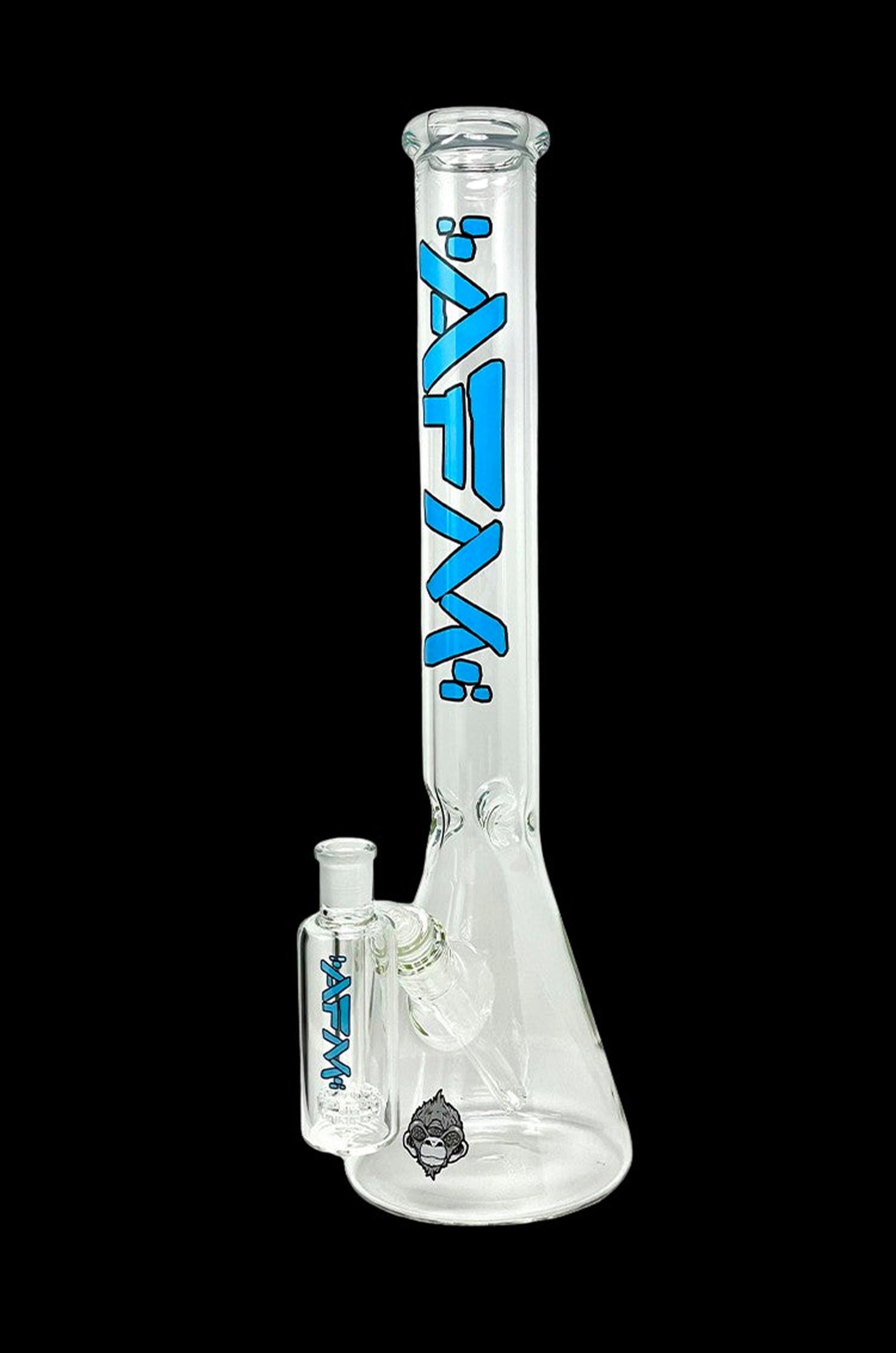 Clear glass bong with blue lettering and a small glass attachment, isolated on a black background.
