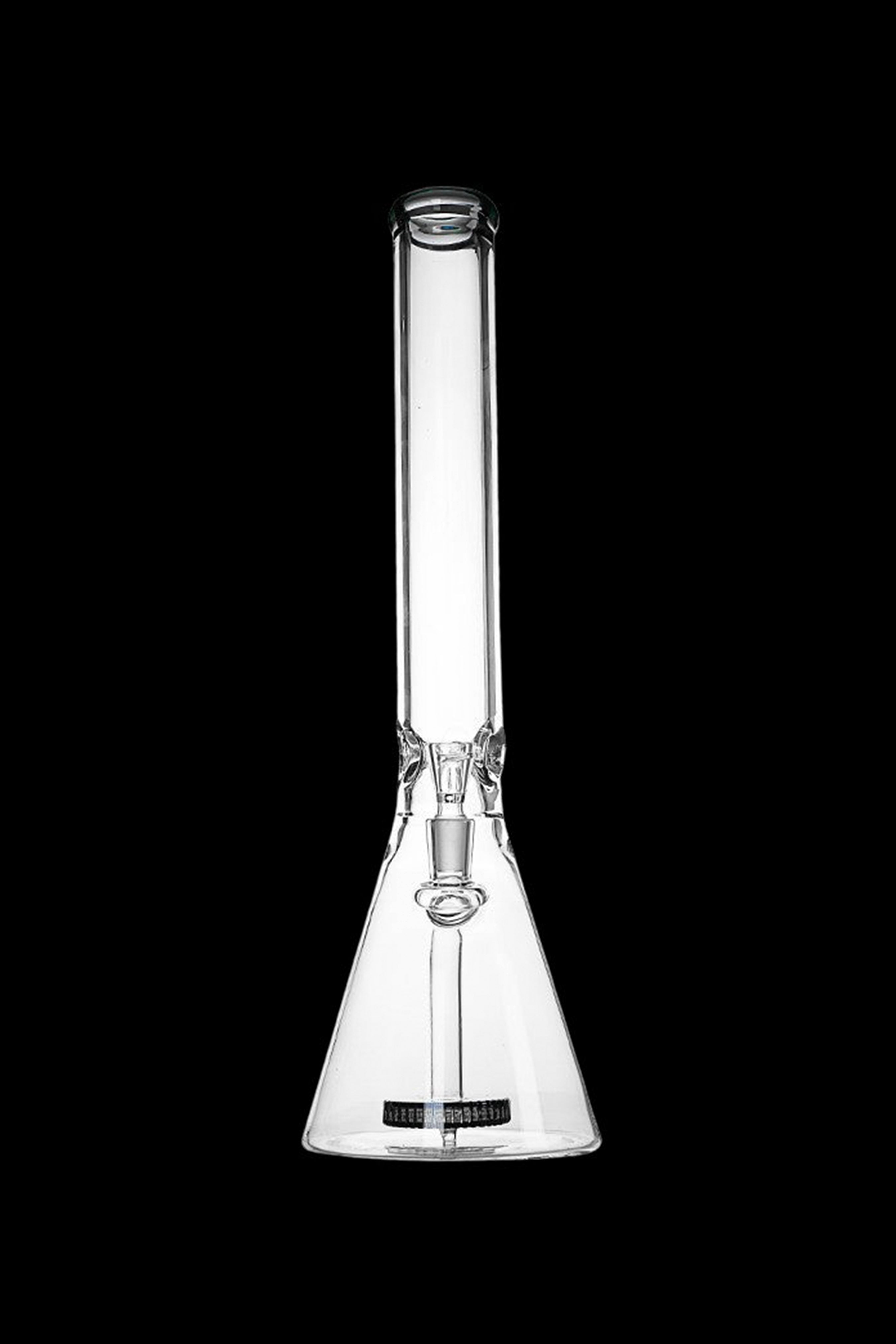 Clear glass bong with a wide base and narrow neck, studio shot on a black background.