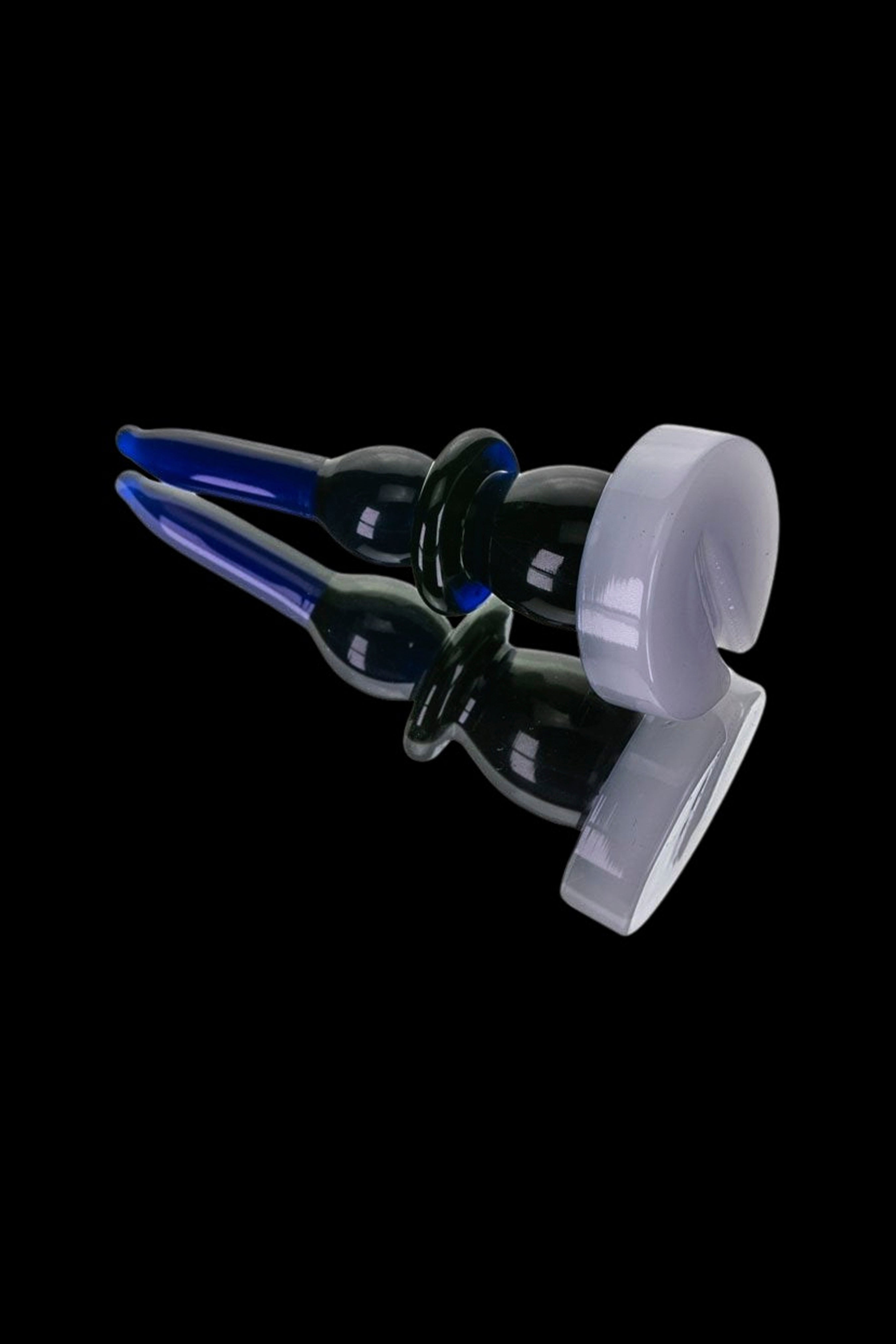 Hand-blown glass dab rig with blue and clear accents on a black background.