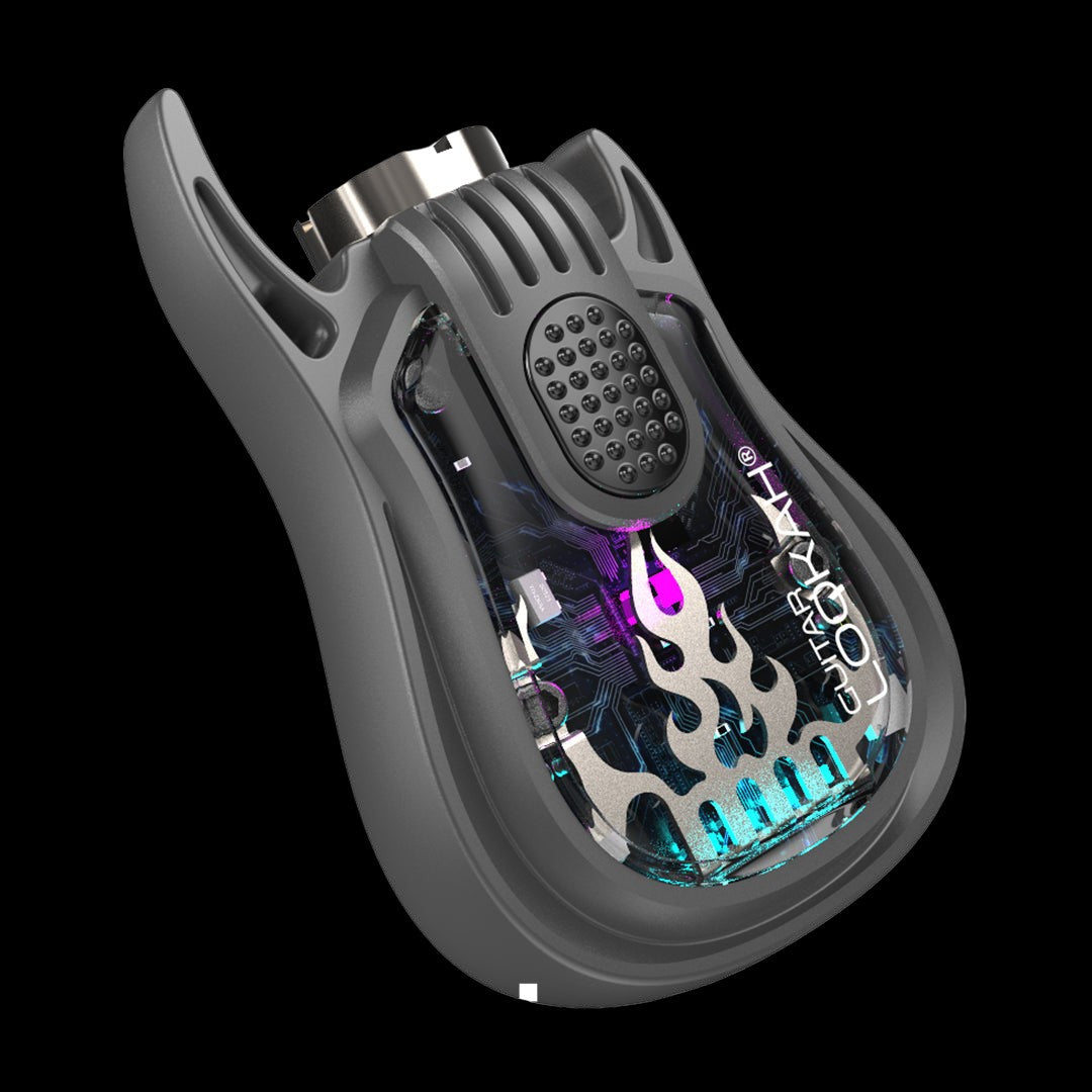 Black and clear electronic dab rig with glowing neon circuit board and flame design.