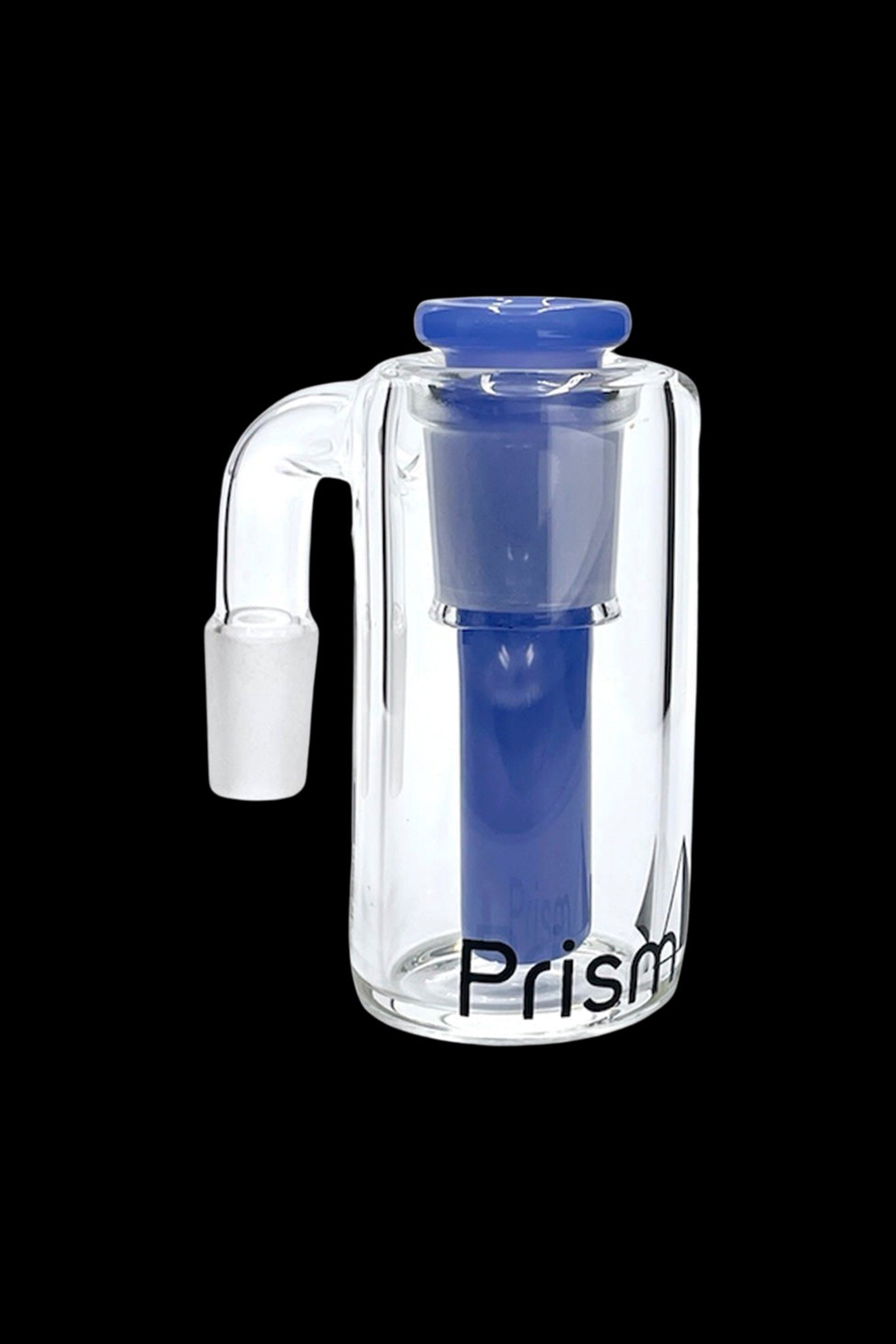 Clear glass bubbler water pipe with blue accents and "Prism" logo.