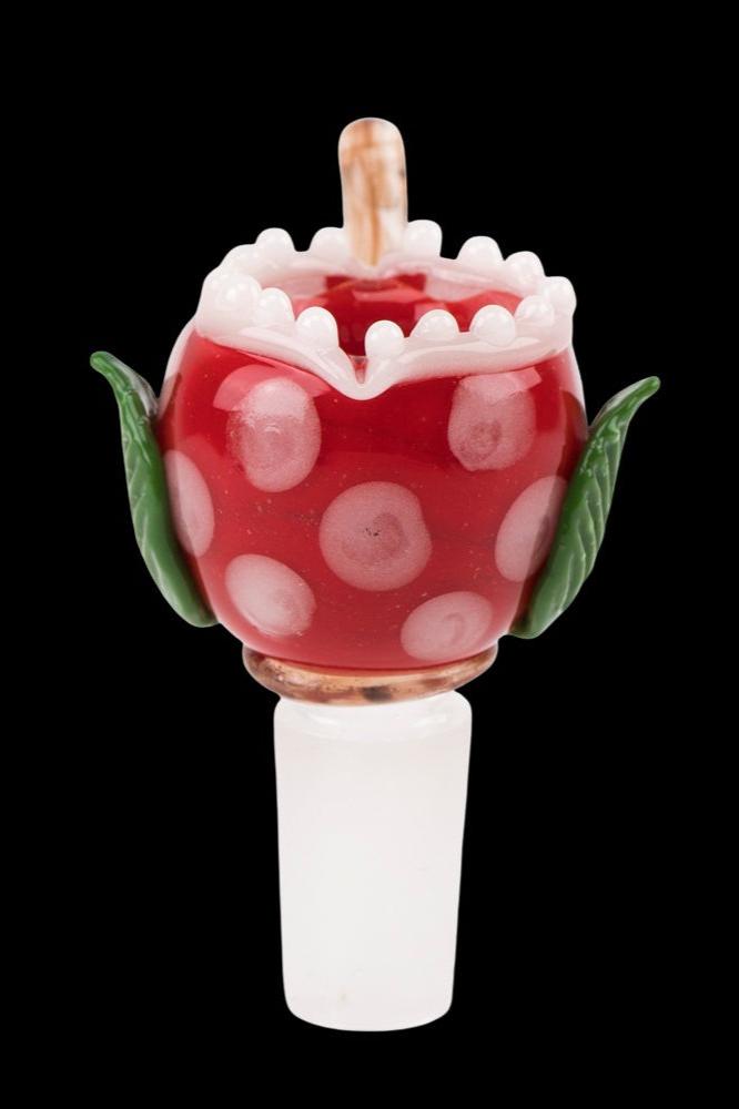 Hand-blown glass cannabis bong attachment shaped like a Piranha Plant with red and white polka dots.