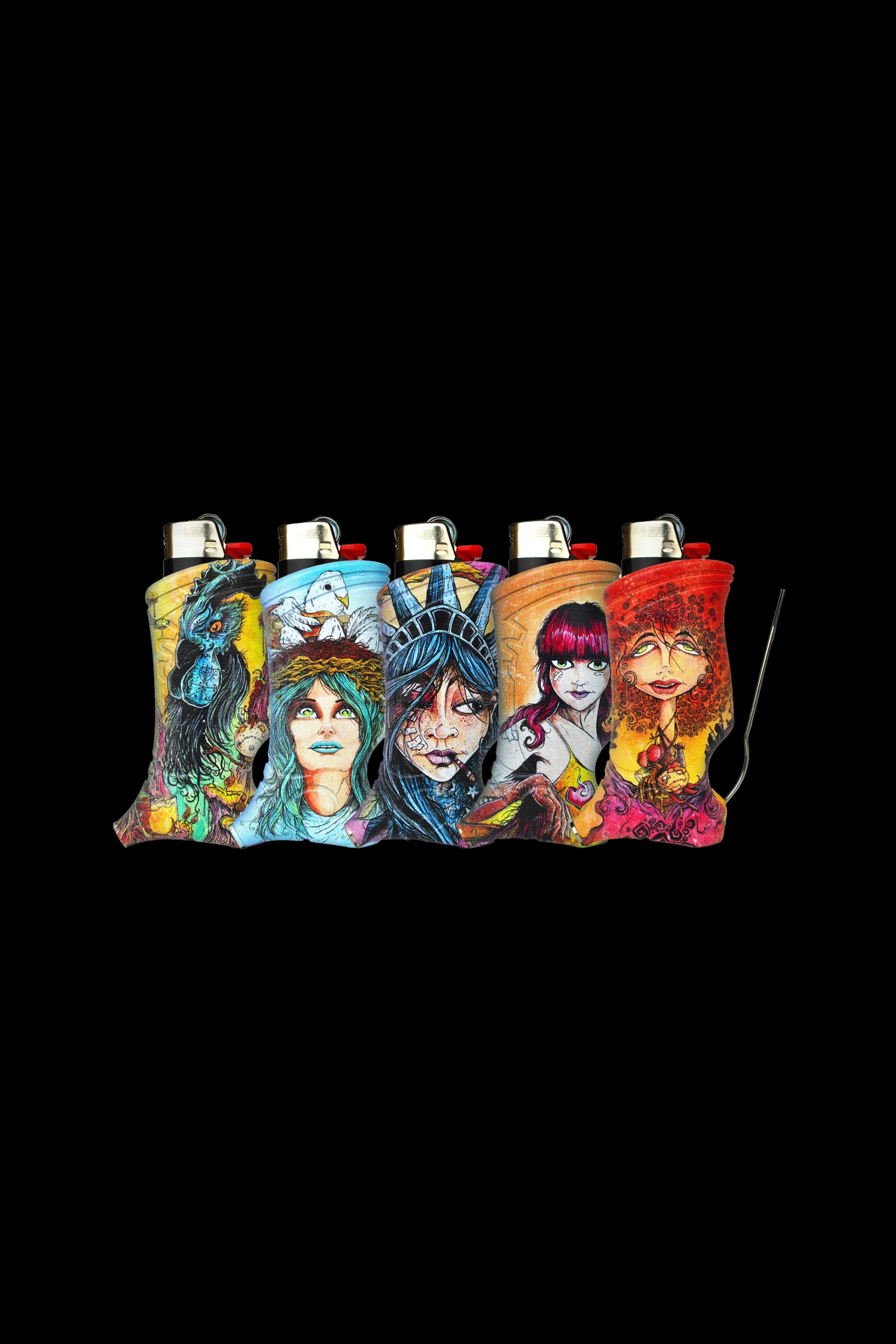 Five colorful, illustrated lighter cases depicting stylized portraits line up against a black background.