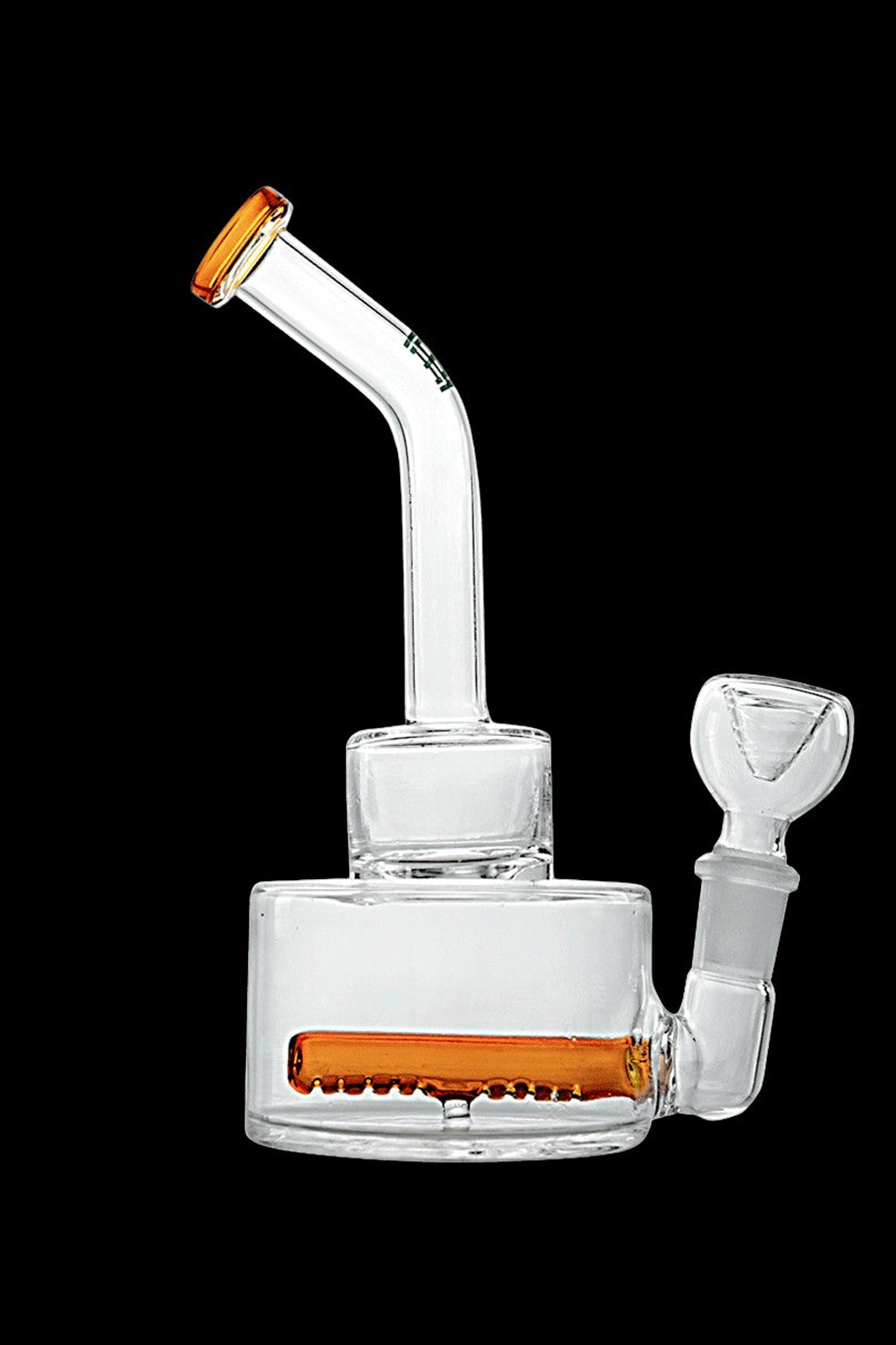 Clear glass water pipe (rig) with orange accents and a glass bowl.