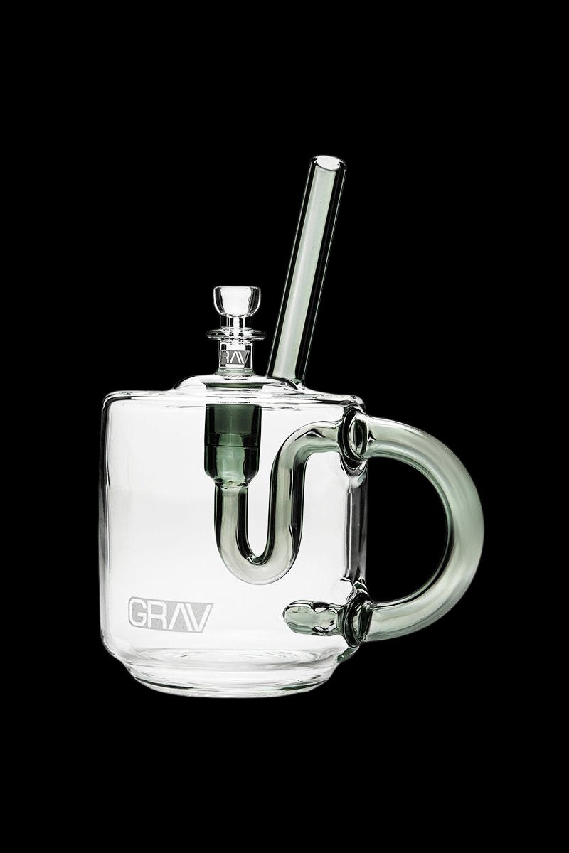 Clear glass bubbler with a branded “GRAV” logo, featuring a unique U-shaped percolator and mouthpiece.