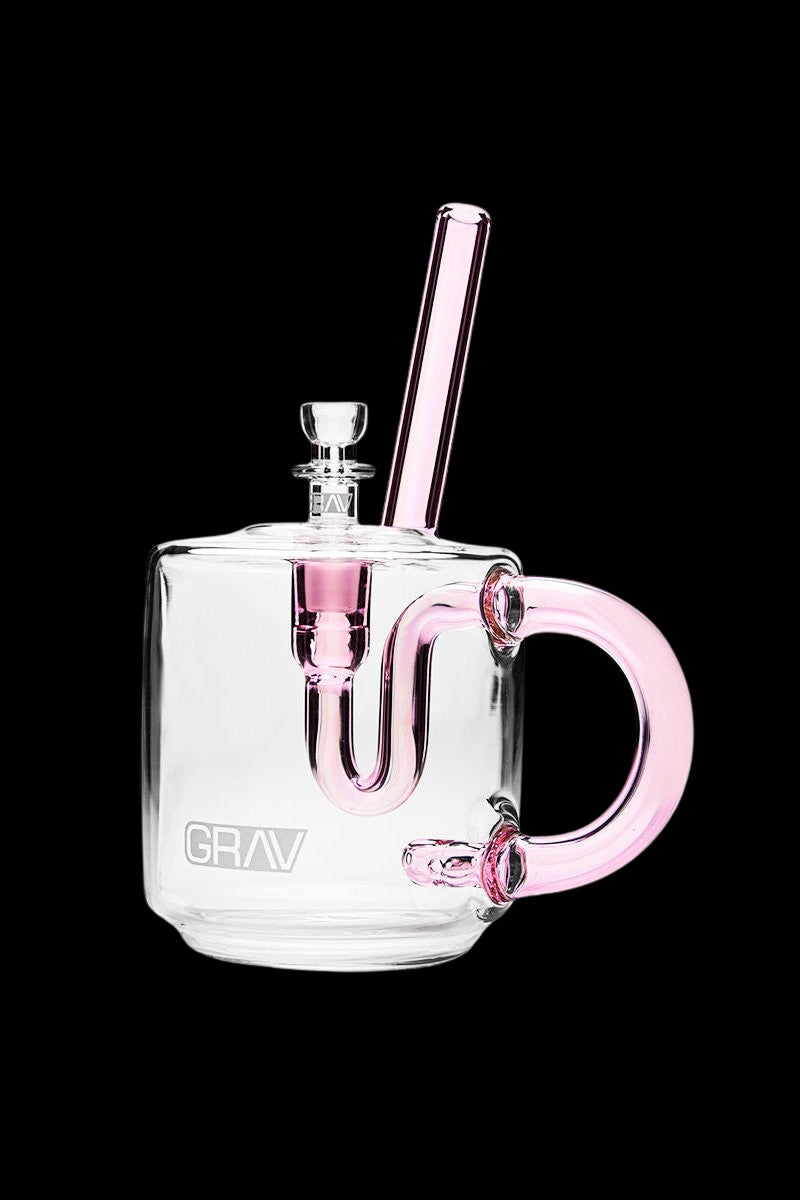 Pink glass bubbler with a clear base and “GRAV” logo.