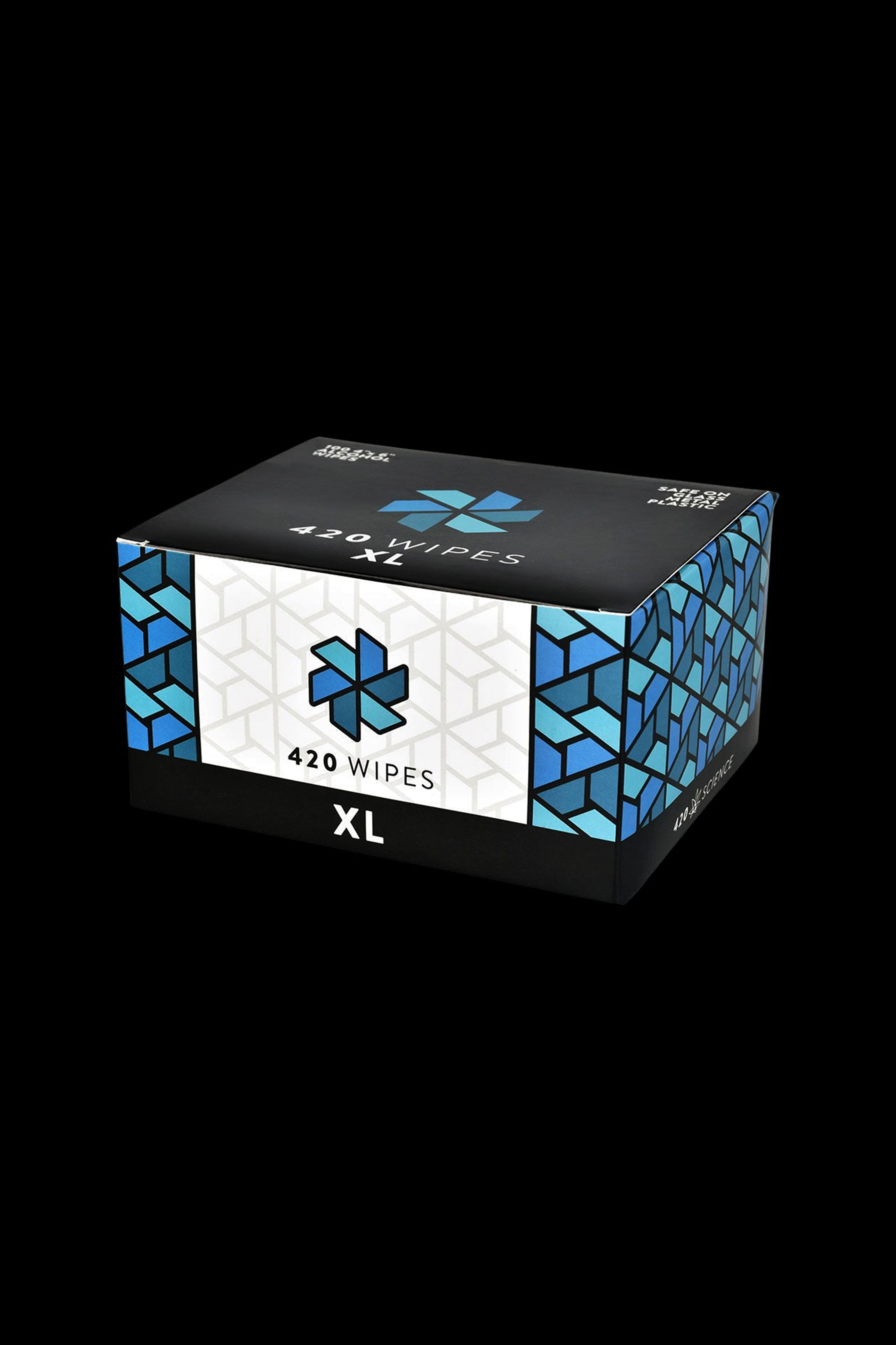 A box of "420 Wipes XL" with a geometric blue and white design, marketed as a cannabis cleaning product.