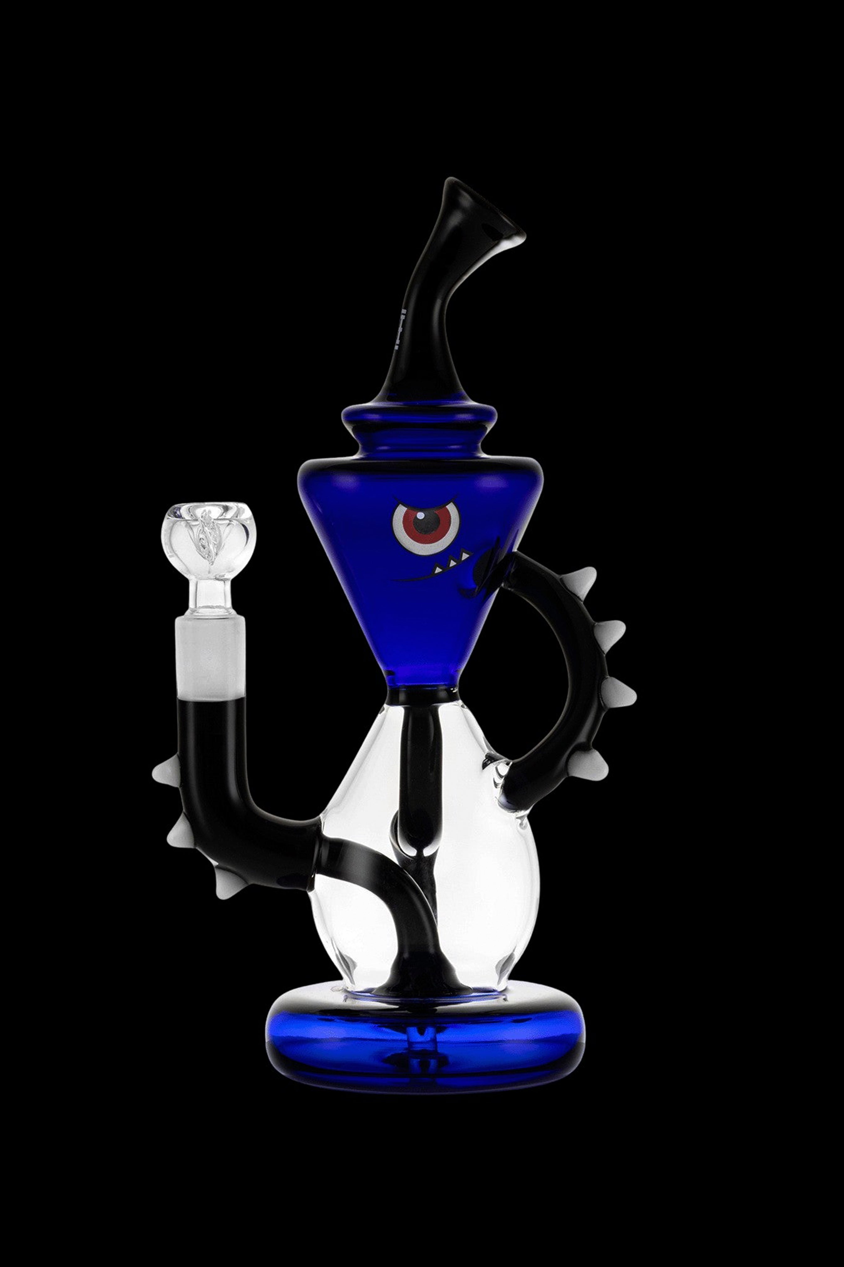 Blue and black glass water pipe (rig) with intricate design and quartz banger.