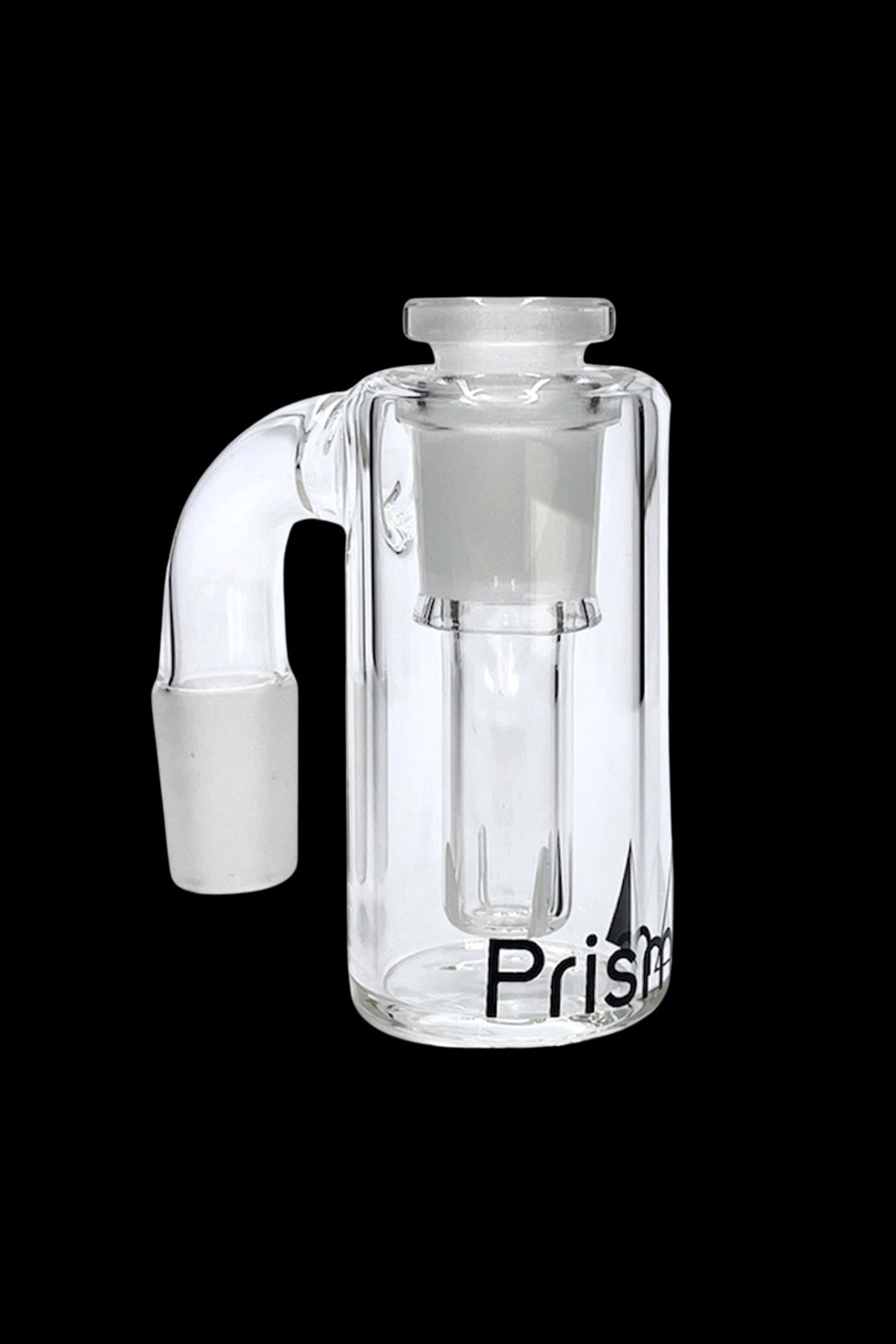 Clear glass bubbler water pipe with "Prism" branding.