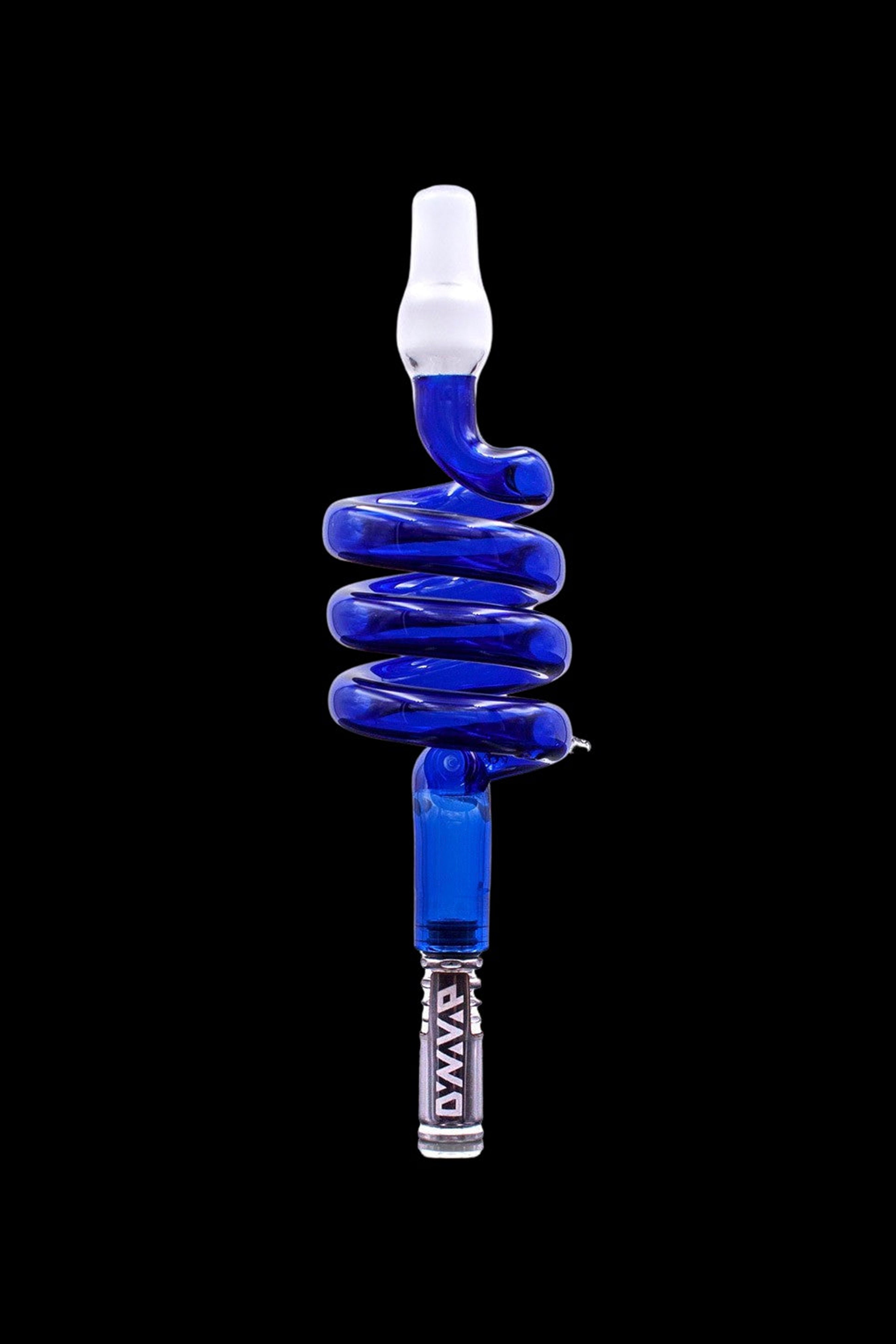 Blue glass cannabis oil rig with a spiral neck and white mouthpiece.