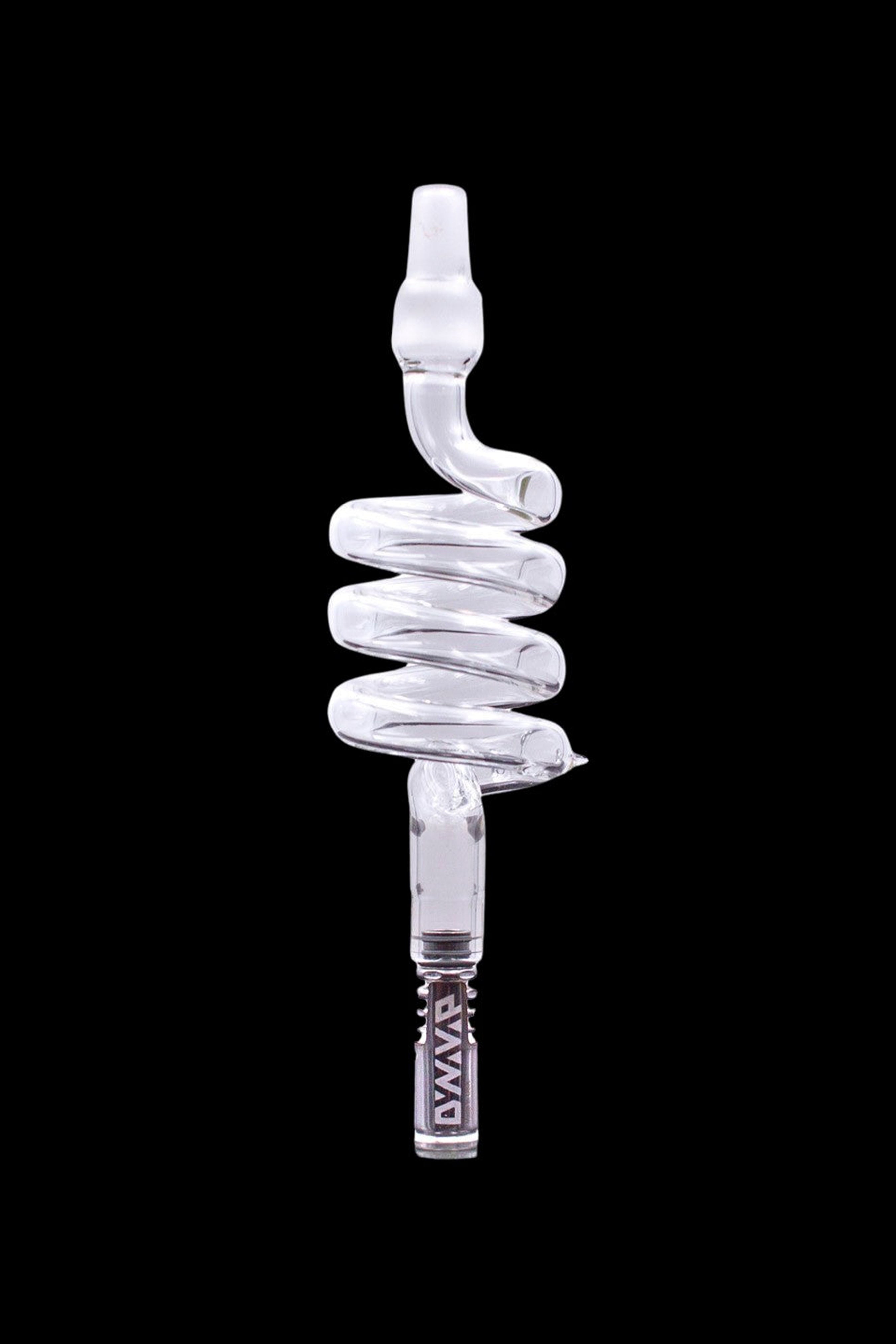 Clear glass cannabis oil burner pipe shaped like a coiled snake.