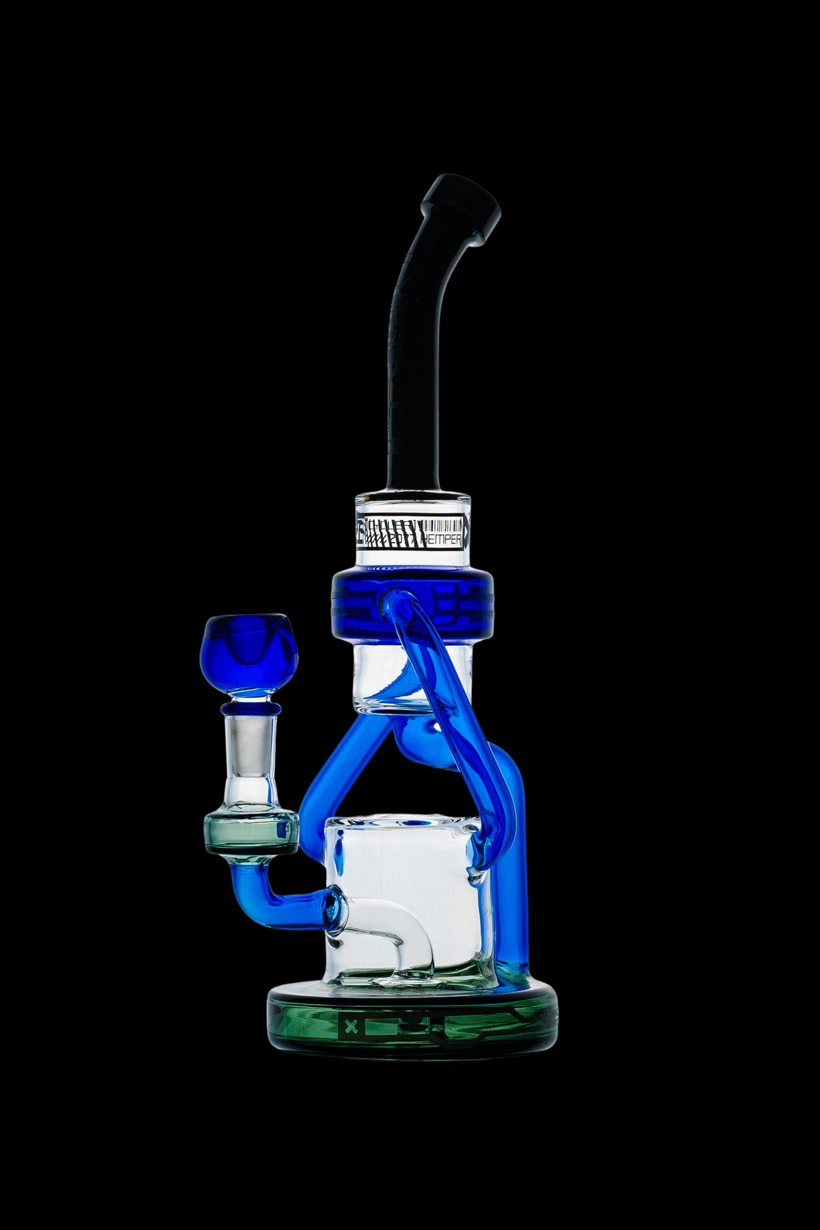 Blue and white glass water pipe (rig) with a glass bowl.