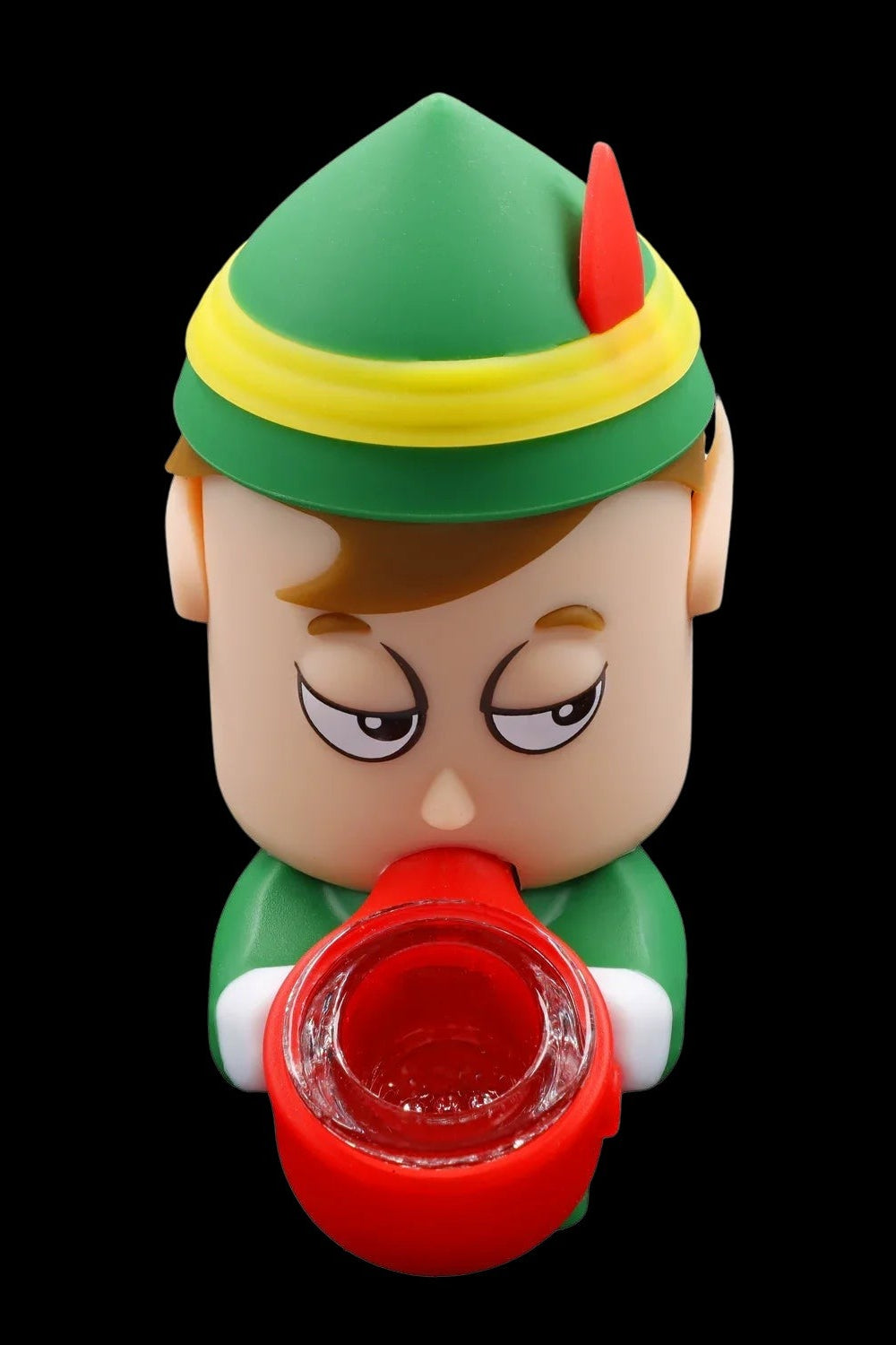 Cartoonish ceramic pipe shaped like a whimsical character with a red bowl.